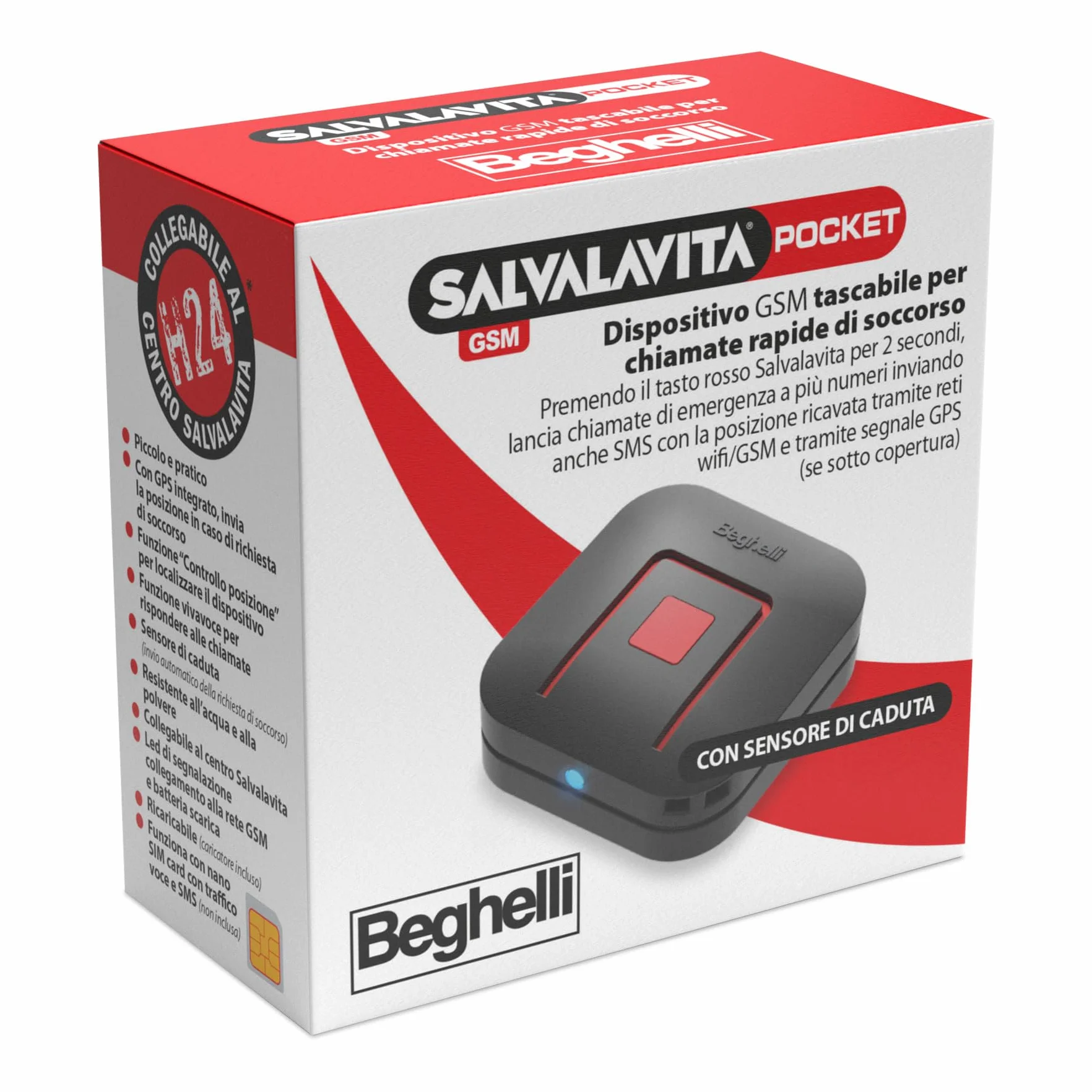 Beghelli - Salvavita Pocket Dispositivo di Telesoccorso Portatile, GSM Tascabile per Chiamate Rapide, Anziani, Nano SIM CARD, GPS, Vivavoce, Sensore di Caduta, Sicurezza Sport e Vita Quotidiana, Nero