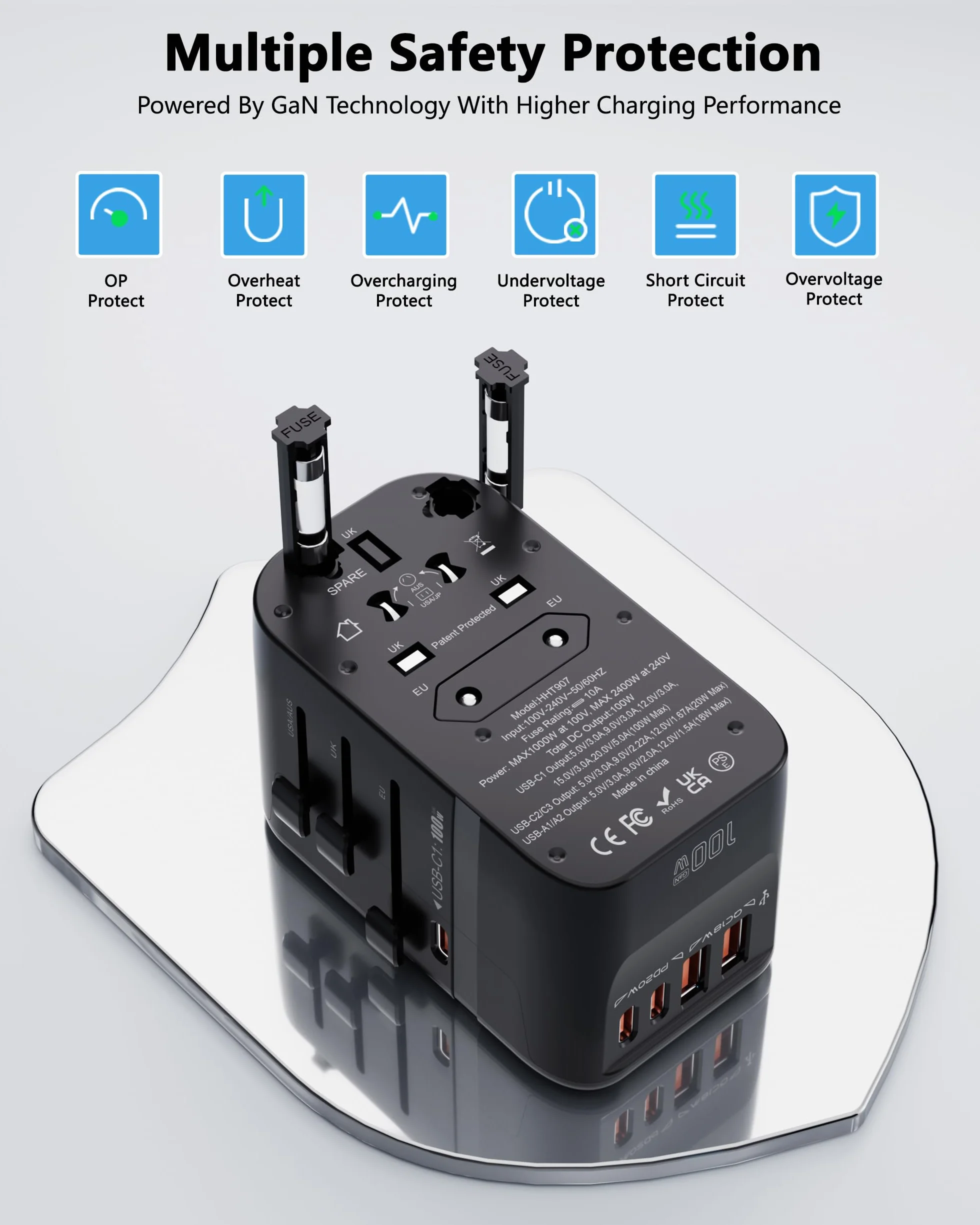 100W GaN Universal Travel Adapter International Power Adapter 5 USB 3 USB C Charging Ports European Travel Plug Adapter Worldwide