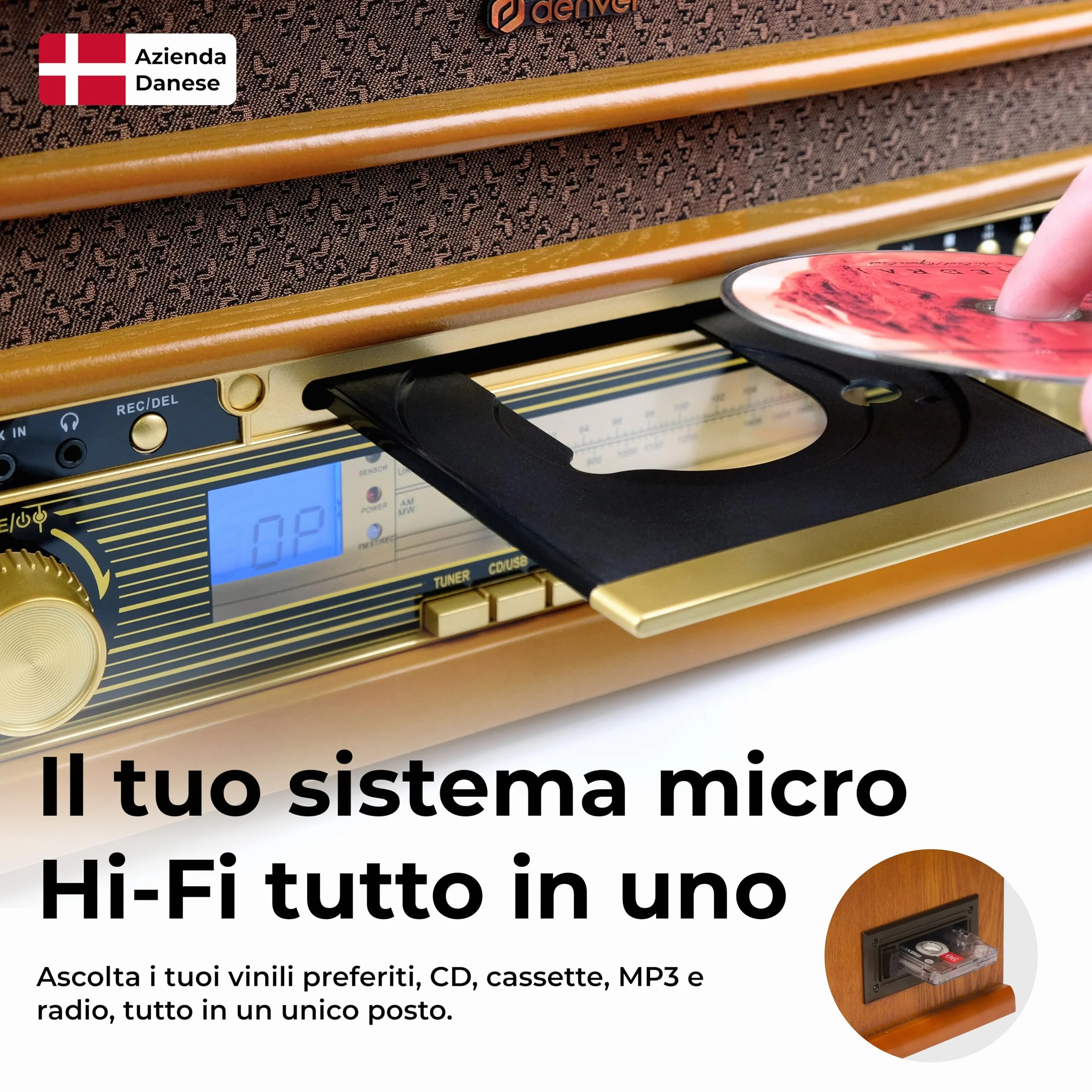 Denver MCR-50 – Giradischi Vintage con Lettore Vinili, Radio AM/FM, CD, Cassetta, USB MP3 – Giradischi Vinile con Casse Integrate – Gira Dischi per Vinili Retrò