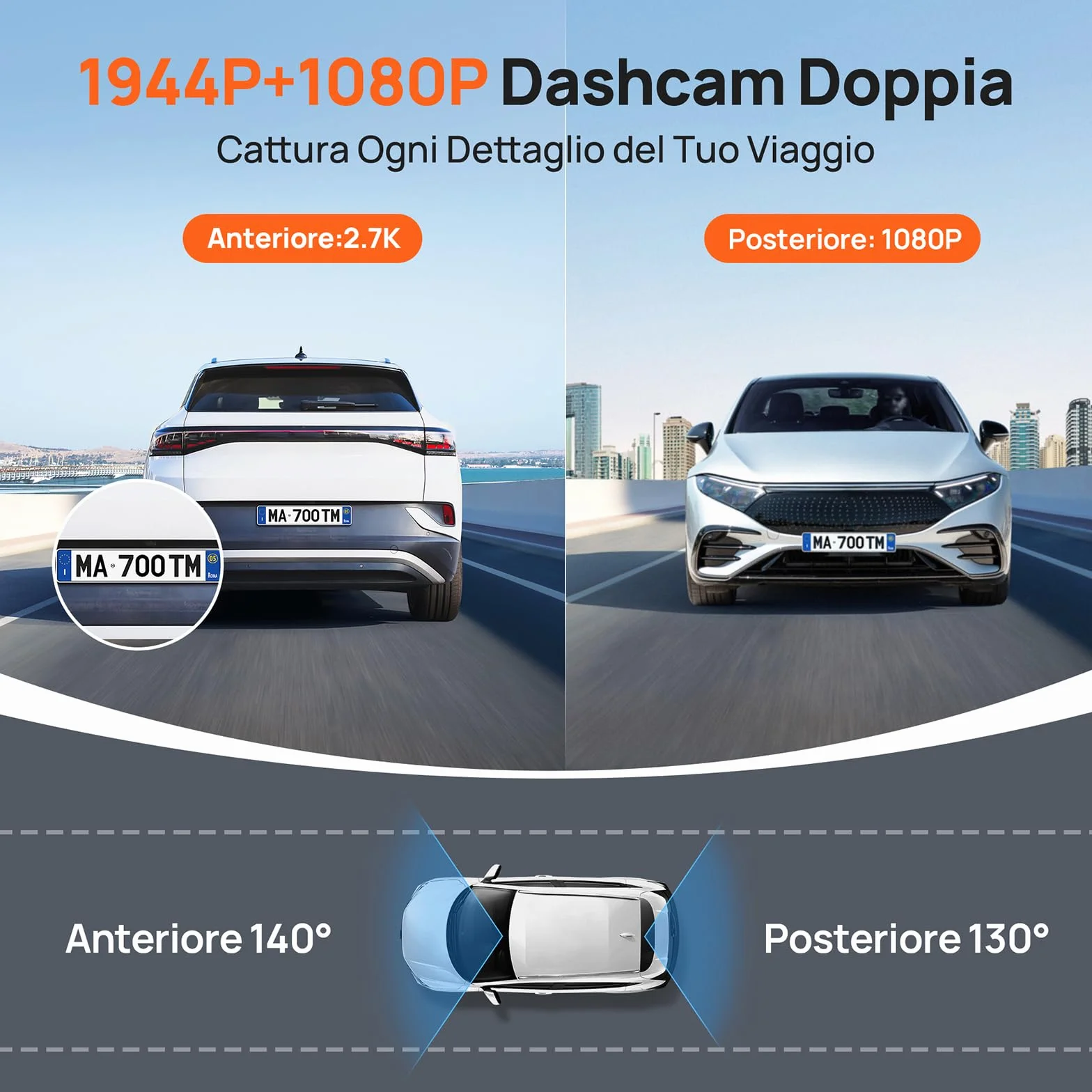 70mai Dash Cam Auto A510 Full-HD 1944P Doppio Dashcam con GPS e WiFi, Visione Notturna, Registrazione in Loop, Modalità Parcheggio 24H, Controllo Tramite App, Massimo 256GB