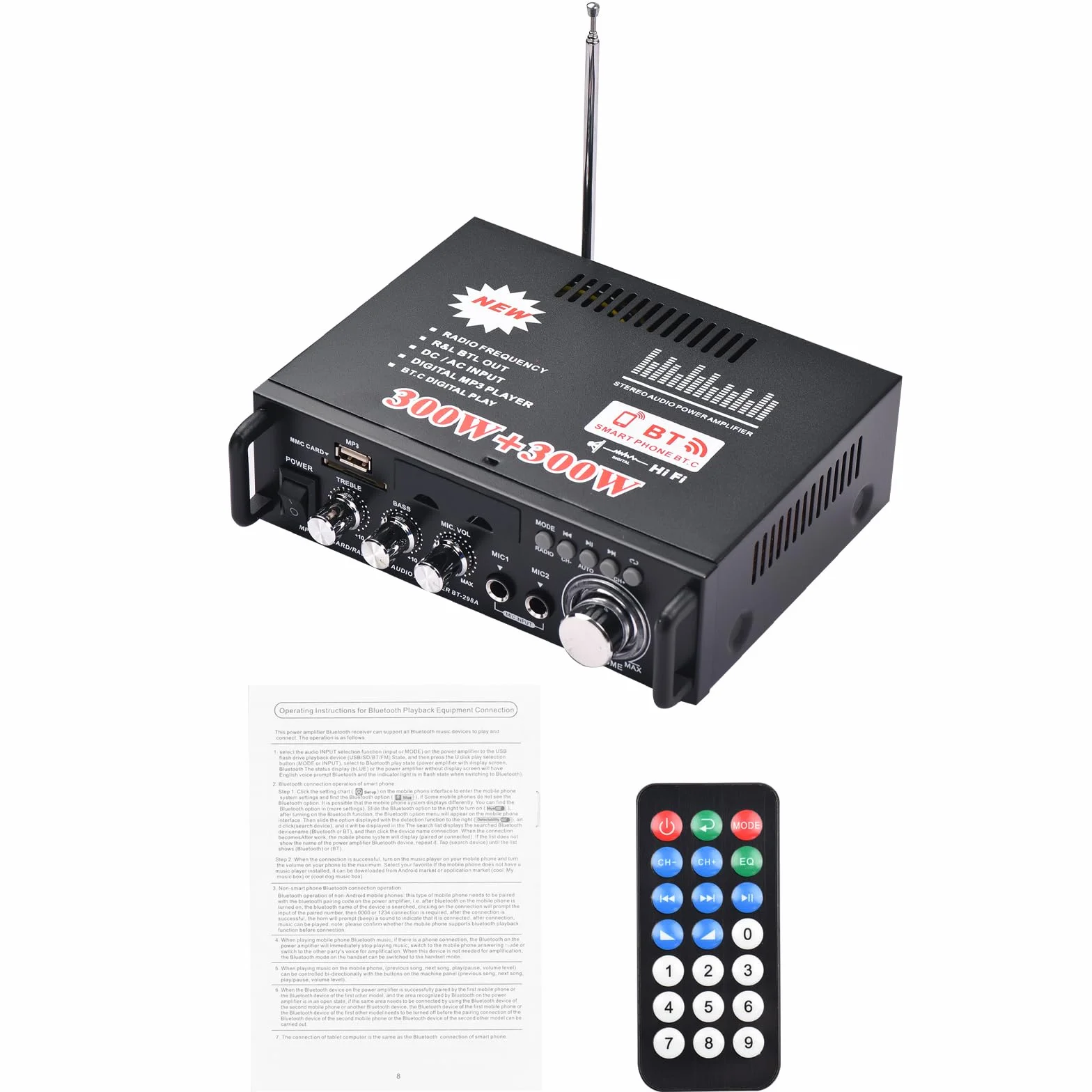 Docooler 600W Amplificatore Audio,HiFi Audio Stereo Bluetooth Radio Portatile per Auto o Casa, con Telecomando ed Mini Display 2CH LCD, 12 V / 220 V