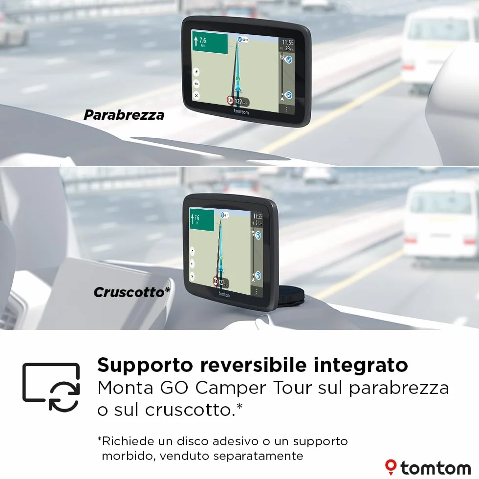 TomTom Navigatore per camper e roulotte GO Camper Tour (schermo da 6", PDI per camper, aggiornamenti Wi-Fi, TomTom Traffic, 6 mesi di avvisi autovelox, mappe d'Europa, indicatore corsia in movimento)
