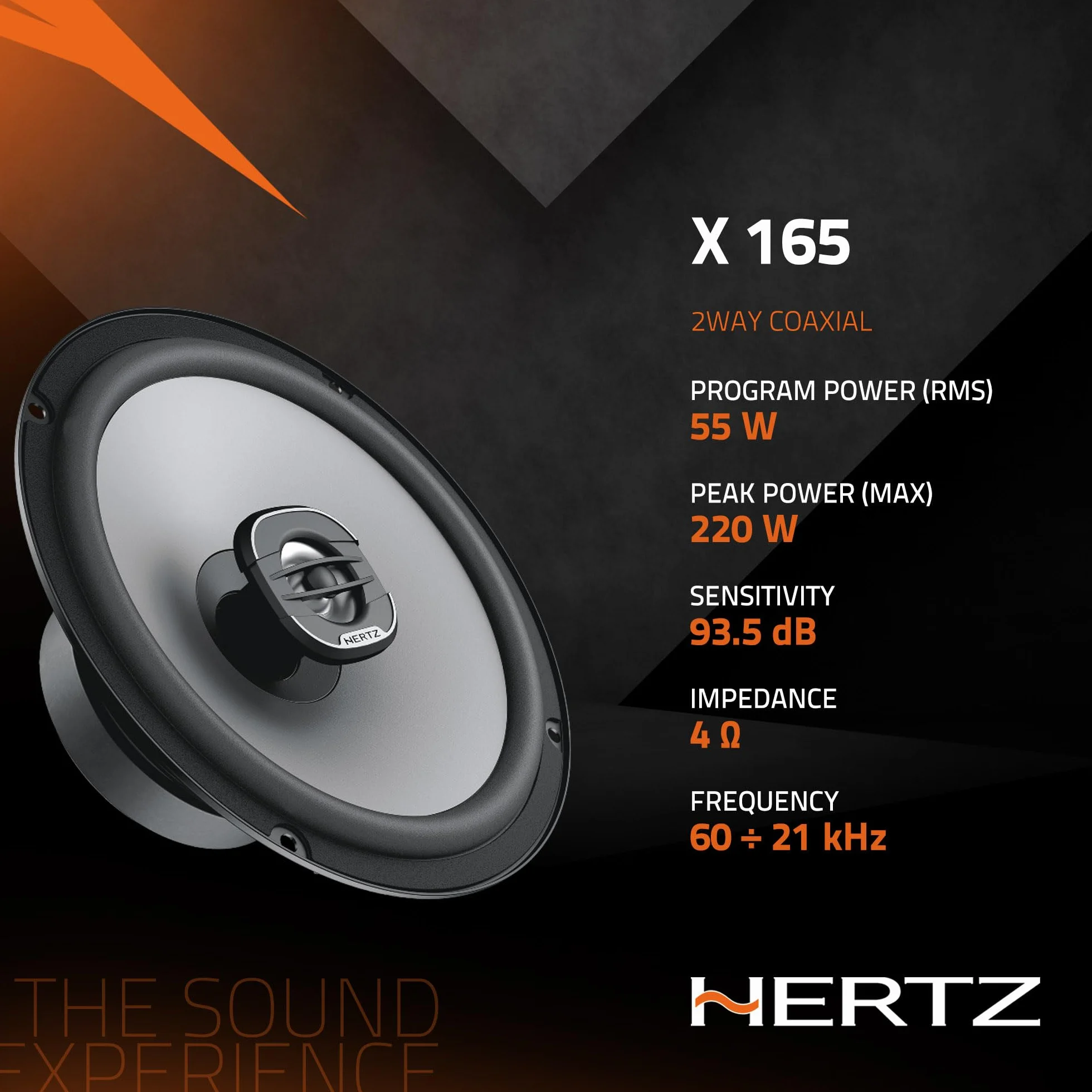 Hertz X 165 – Coppia di Altoparlanti Coassiali 2 Vie da 165 mm, 220W Peak, 55W RMS, 4 Ohm, Cono in Carta Pressata Idrorepellente, Tweeter in PEI da 24 mm, Installazione DIN Facile