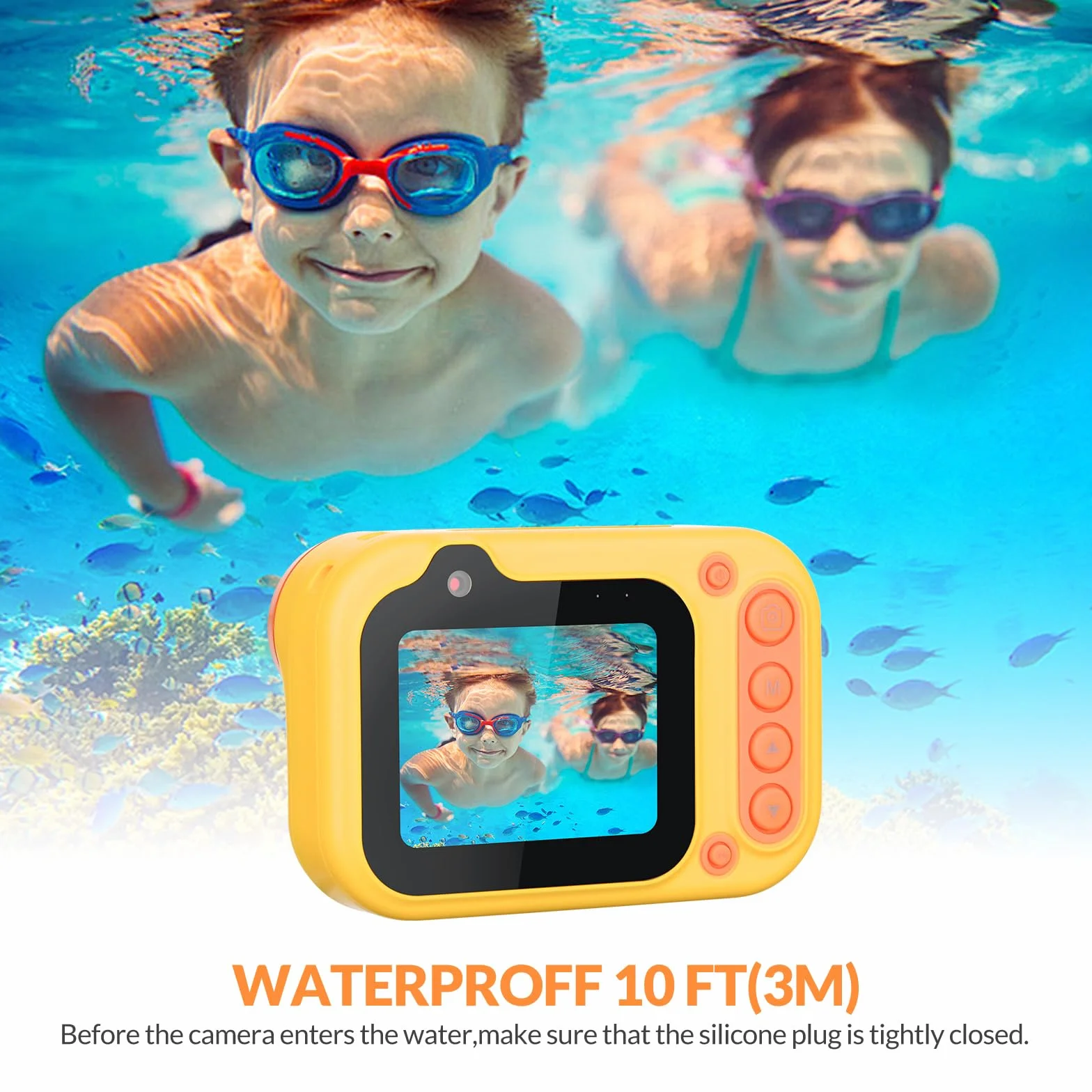 Mafiti Kids Fotocamera digitale impermeabile Fotocamera subacquea per snorkeling e immersioni con display IPS da 2,4" Fotocamera digitale ricaricabile tramite USB (Arancione)