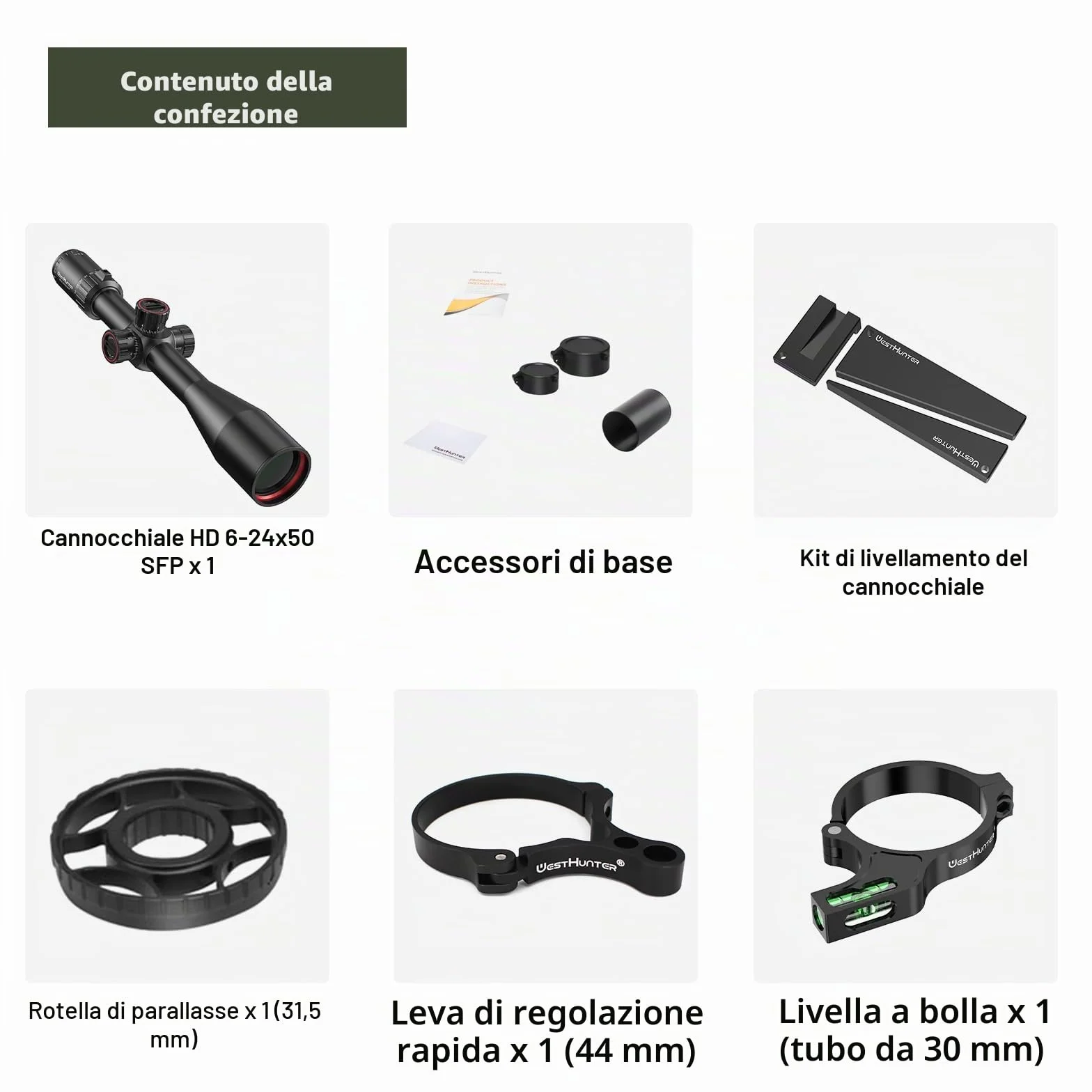WestHunter Optics HD 6-24x50 SFP Precisione Miri telescopici, Tubo da 30 mm, Secondo piano focale 1/10 MIL, esclusivo per gare sportive a lunga distanza