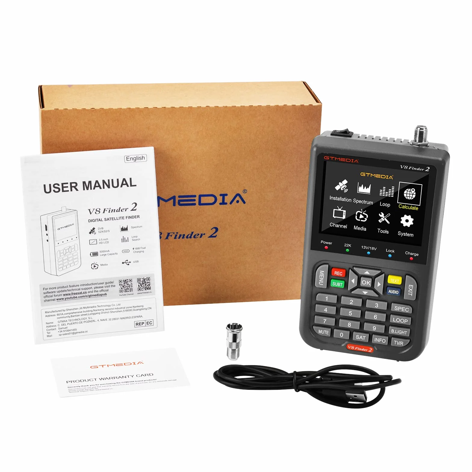 GT Media V8 FINDER2 - Localizzatore satellitare digitale e misuratore di segnale DVB-S/S2 H.264 HD 1080P con display LCD da 3,5" da 7,4 V/4000 mAh, ideale per la configurazione dell'antenna parabolica