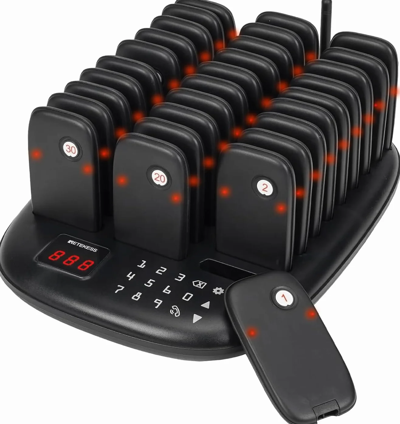 Retekess TD175P Cercapersone Ristorante, 30 Cercapersone, 800M Pager Ristorante, Facile da Configurare, 7 Modalità di Chiamata, Cercapersone Wireless per Area Ristorazione, Hotel, Chiesa