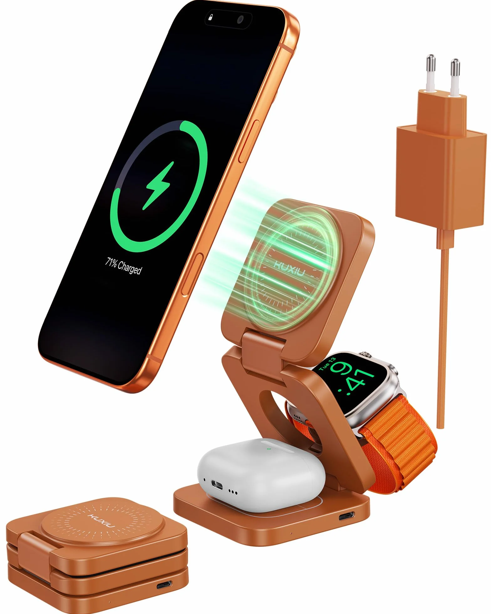 KU XIU X55 Turbo Qi2.2 25W Caricatore Wireless per Magsafe, Pieghevole Stazione di Ricarica 3 in 1, Magnetico Wireless Charger Base per iPhone 17-12 & Watch & AirPods, Adattatore incluso, Arancio