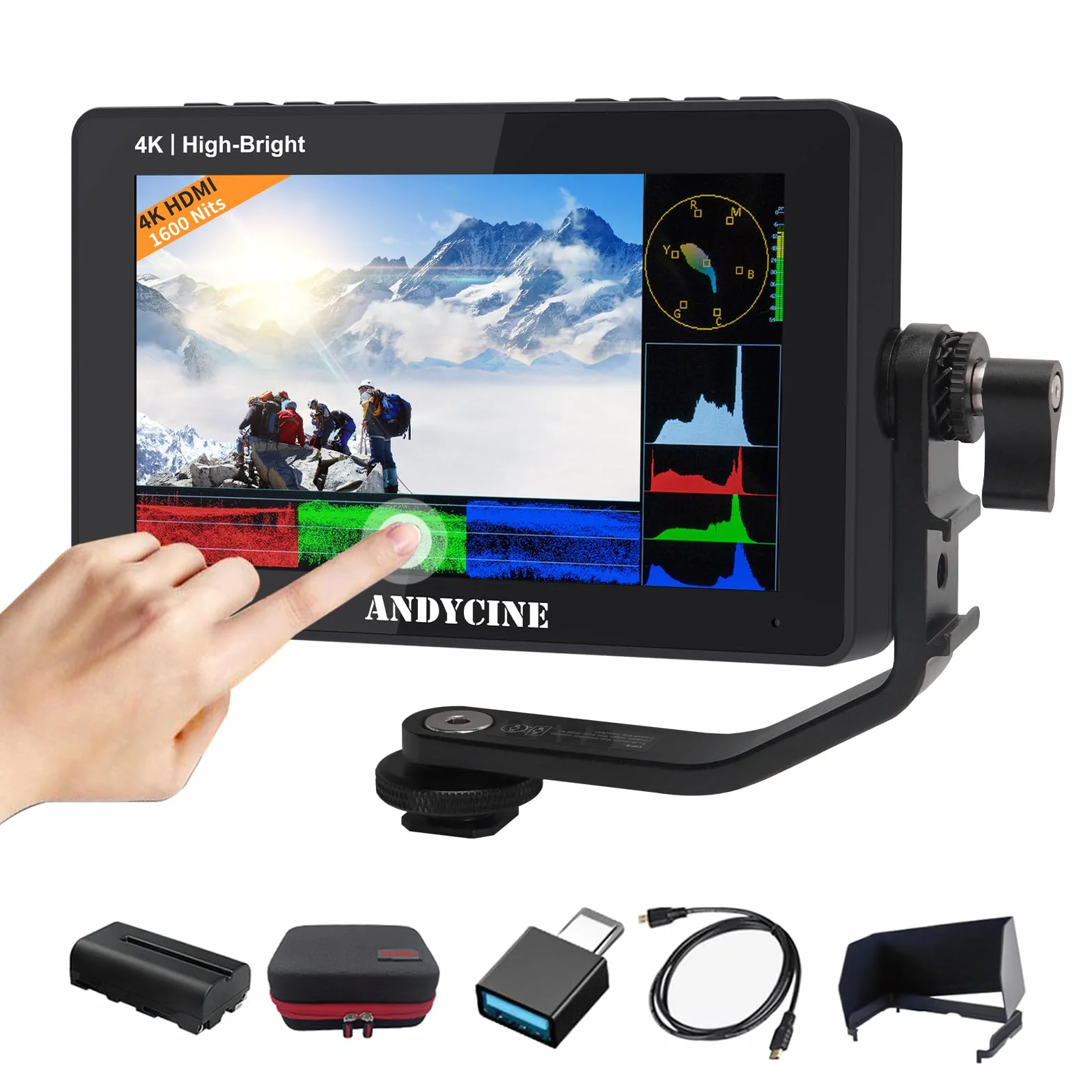 ANDYCINE A6 II 5.5 "Monitor della fotocamera, 1600 Nit 4K 60Hz HDMI HDR Touchscreen, 1920x1080P FHD DLSR Video Field Monitor, supporto forma d'onda 3D LUT Peaking Focus (con batteria, custodia per il