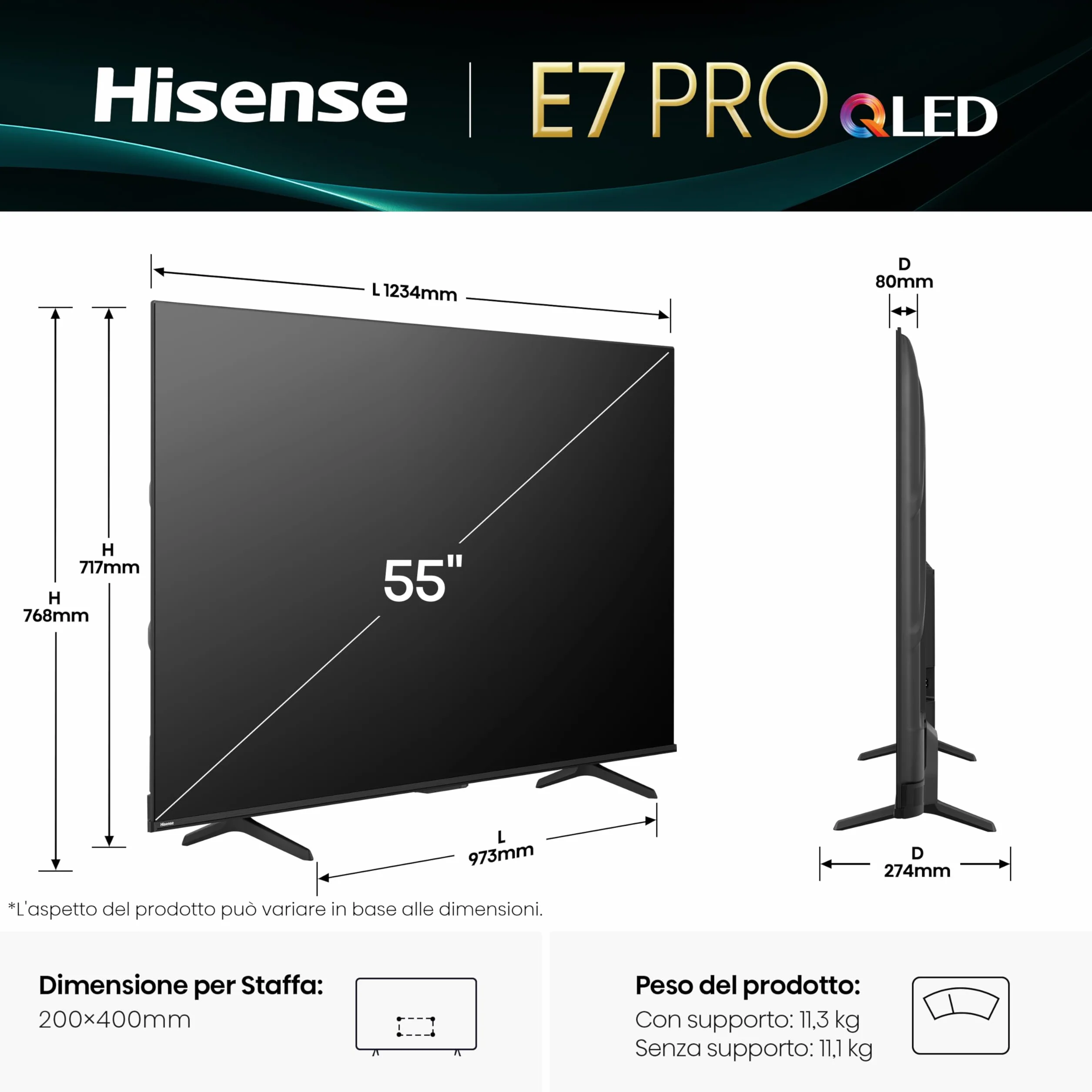 Hisense TV 55" QLED 4K 144Hz 55E7Q PRO Smart TV Dolby Vision IQ HDR10+ Dolby Atmos