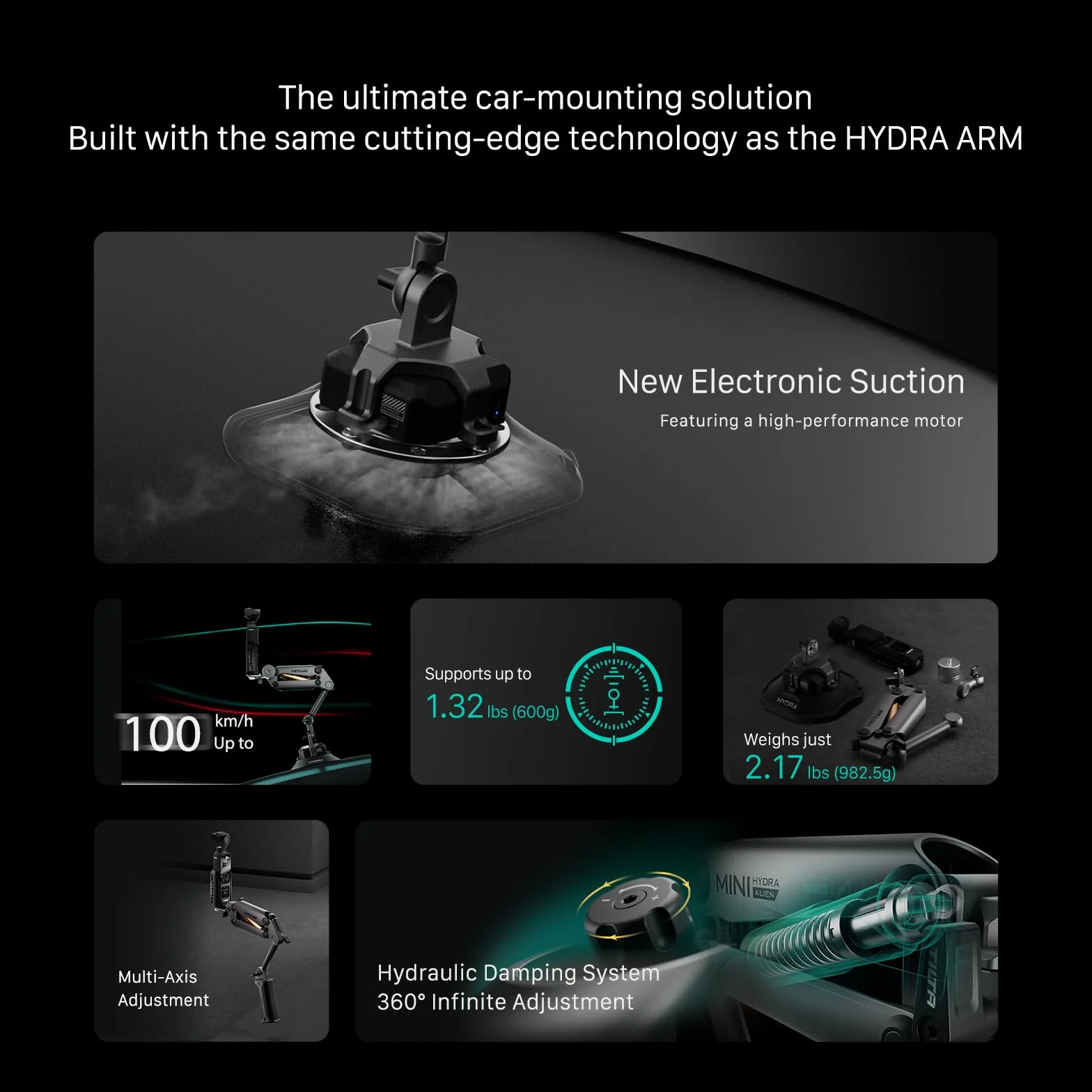 Tilta Hydra Alien Mini Kit Ventosa Elettronica, Set di Bracci Ammortizzanti Compatibili con DJI Action 3/4, DJI Pocket 3, X4/X3, iPhone con Khronos - Grigio Titanio HDA-T15-A-TG