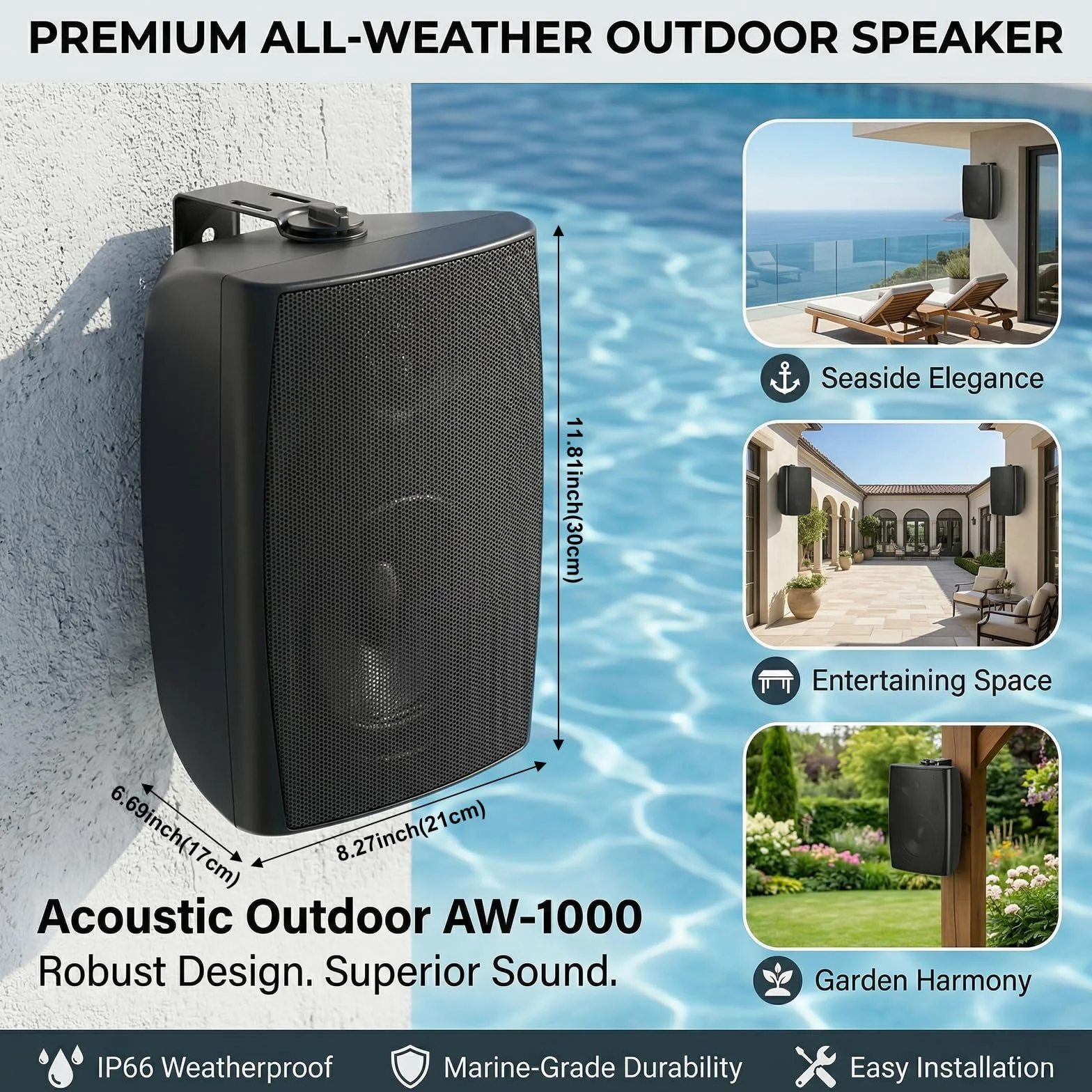 Herdio Altoparlanti Bluetooth 16,5 cm 400 W 2 Vie Impermeabili Montaggio a Parete Nero Coppia