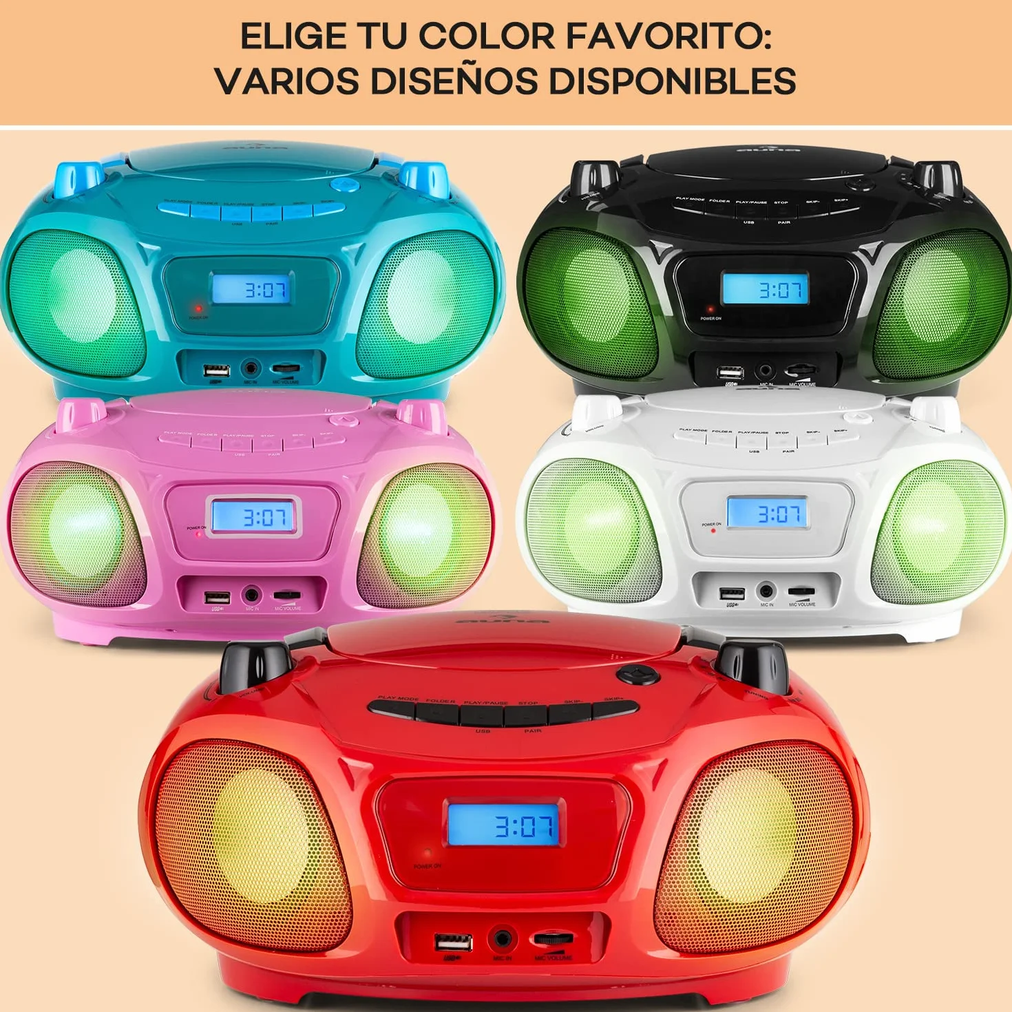 Auna Portatile Bluetooth con Lettore CD, Boombox 3W, Radio FM Stereo, AUX, Display a LED, USB, Bluetooth 5.0, MP3, Ricaricabile Vintage