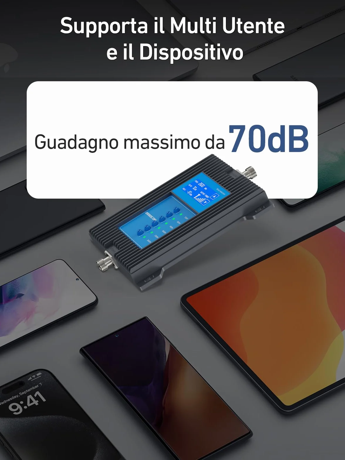 5G 4G LTE Amplificatore Segnale Cellulare Banda 28/20/8/3/1/7 Ripetitore GSM di 70 dB Ripetitore Segnale Cellulare Supporta Tutti Gli Operatori, Con Schermo LCD ad Alta Definizione