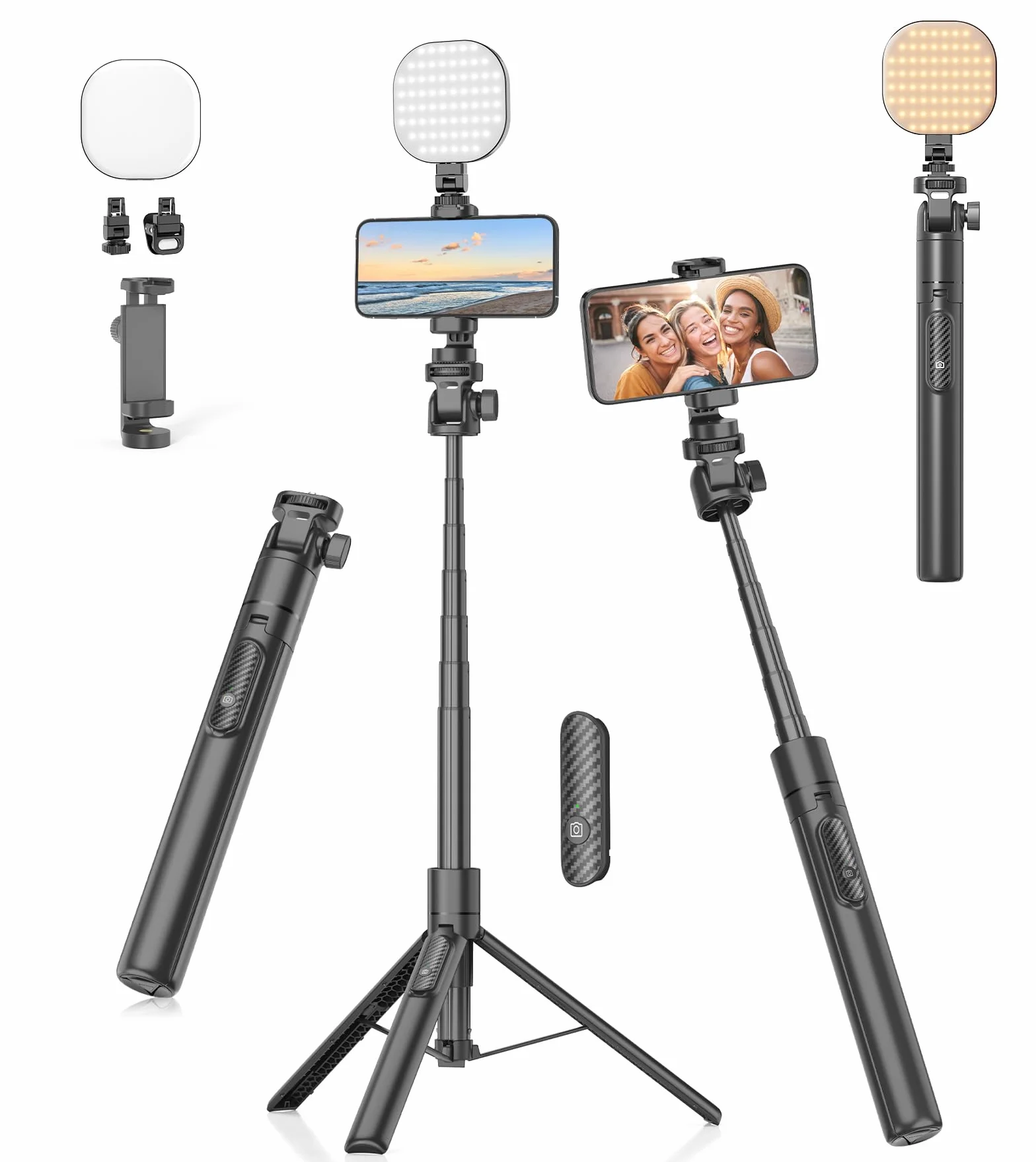 Gahenwo Vlogging Kit, Bastone Selfie Treppiede Treppiede per Smartphone Portatile con luce LED, 155cm Fotocamera Tripode Cellulare con Telecomando e Supporto per Telefono Cellulare per iPhone