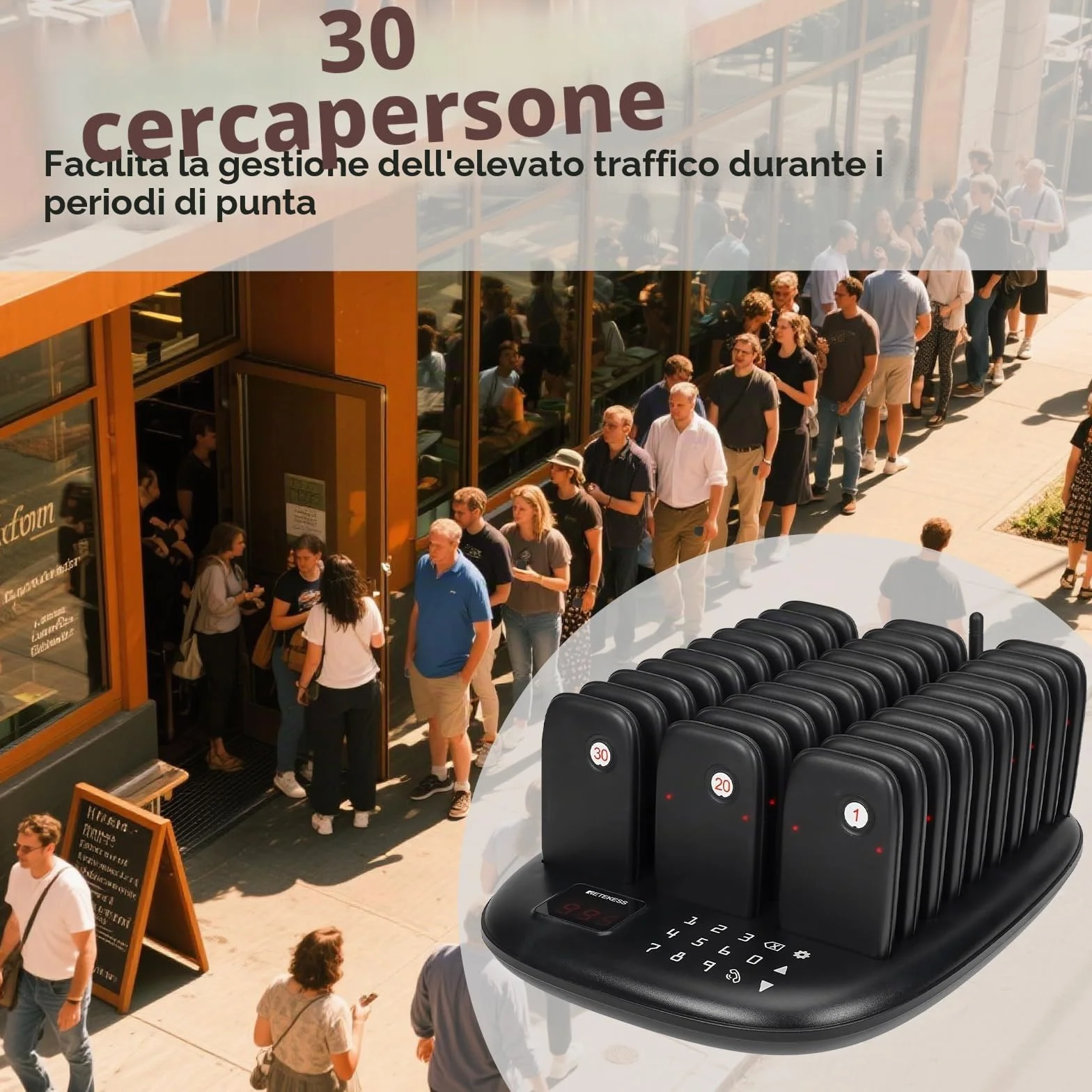 Retekess TD175P Cercapersone Ristorante, 30 Cercapersone, 800M Pager Ristorante, Facile da Configurare, 7 Modalità di Chiamata, Cercapersone Wireless per Area Ristorazione, Hotel, Chiesa