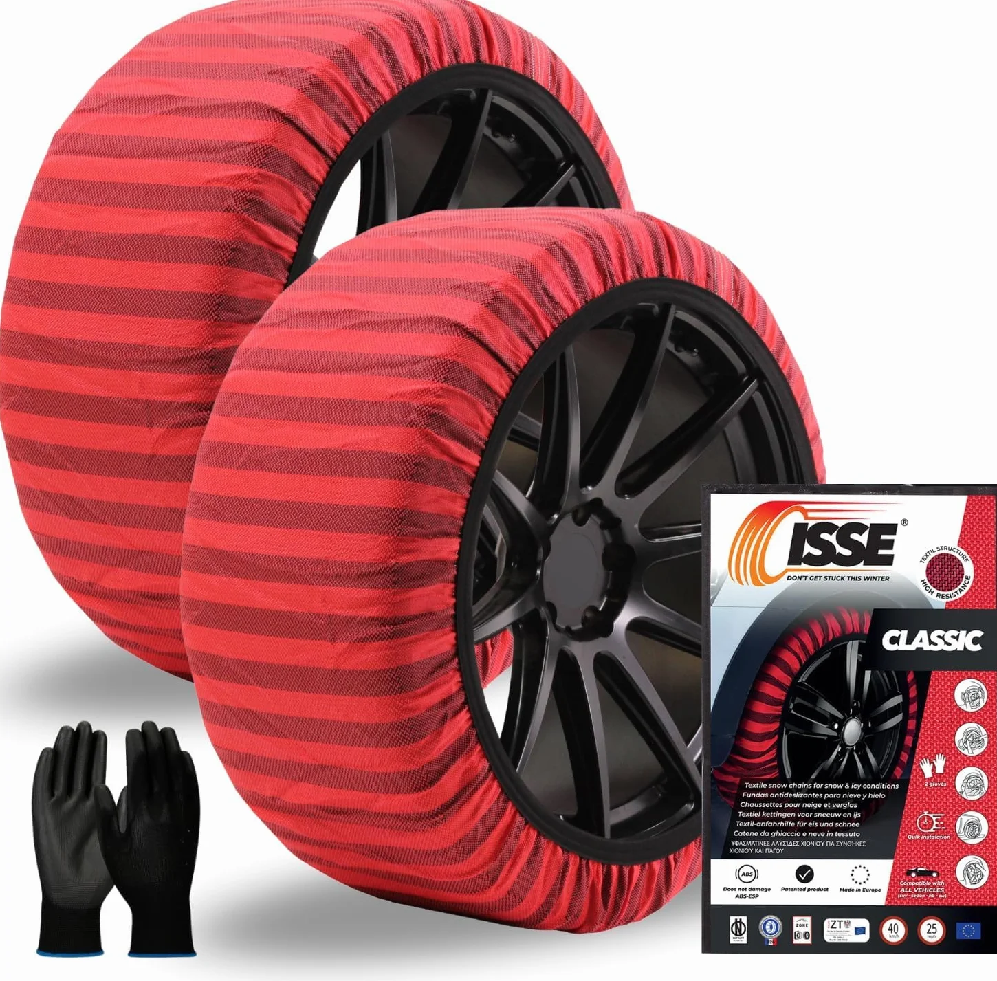 ISSE Calze da Neve Omologate Italia EN 16662-1 – 2 Catene da Neve in Tessuto per Auto Facili da Installare - Resistenti - Guanti Inclusi T70