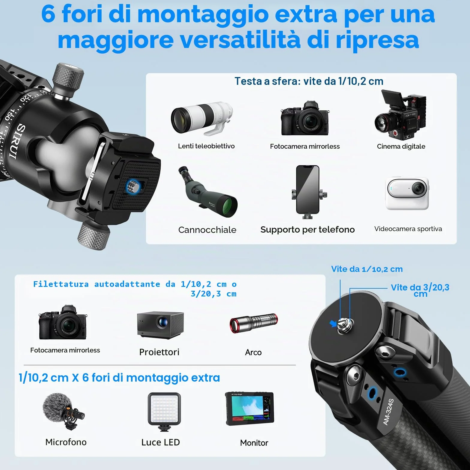 SIRUI Heavy-Duty Treppiede per Fotocamera in Fibra di Carbonio, 152CM Treppiede Professionale con 360° Testa a Sfera a Baricentro Basso, Leggero e Portatile, Carico Fino a 20KG, AM-324S+G1