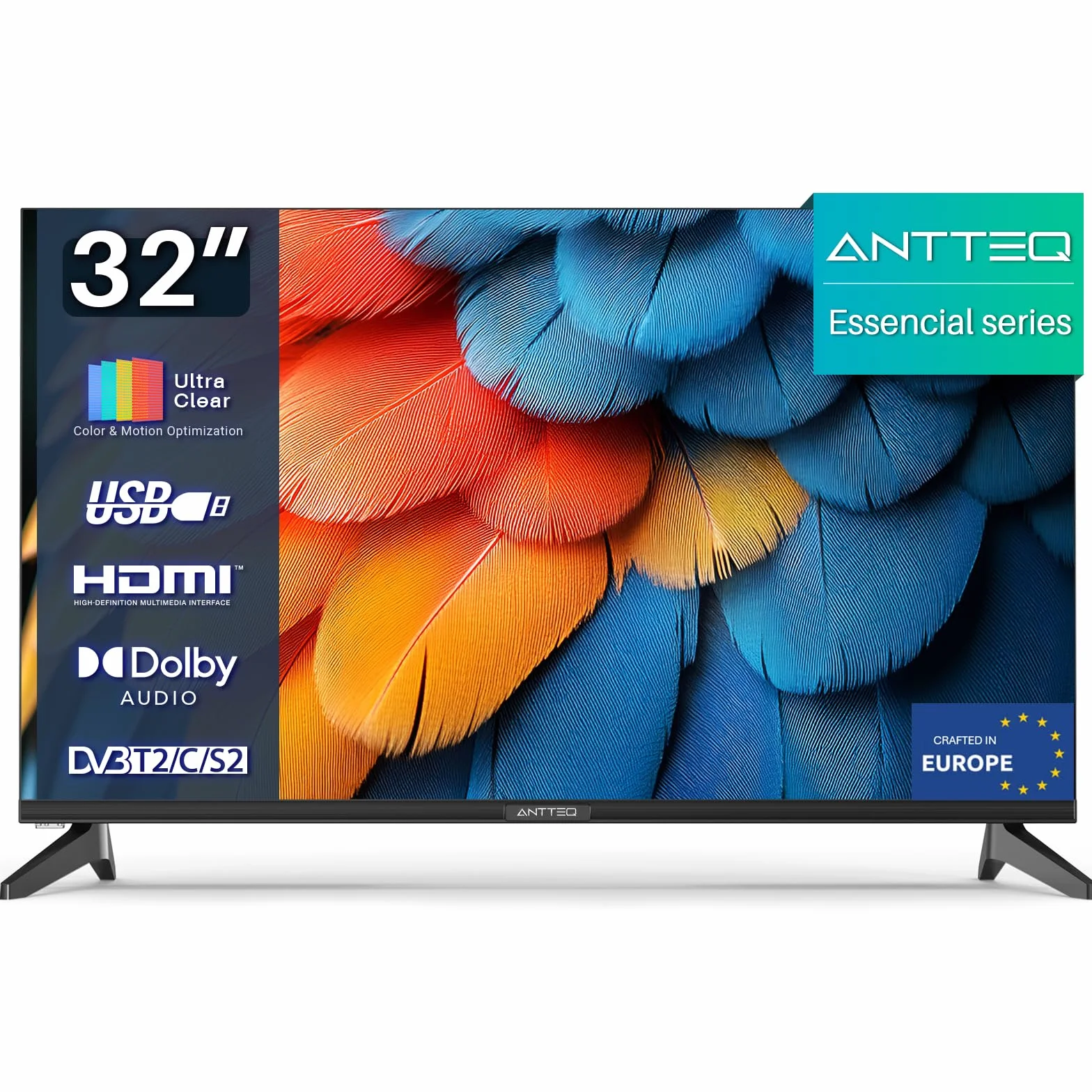 Antteq TV 32 Pollici (81 cm) LED HD Triple Tuner DVB-T2/S2/C HDMI USB H.265/HEVC 10bit Audio Dolby E32-AH1Q1L