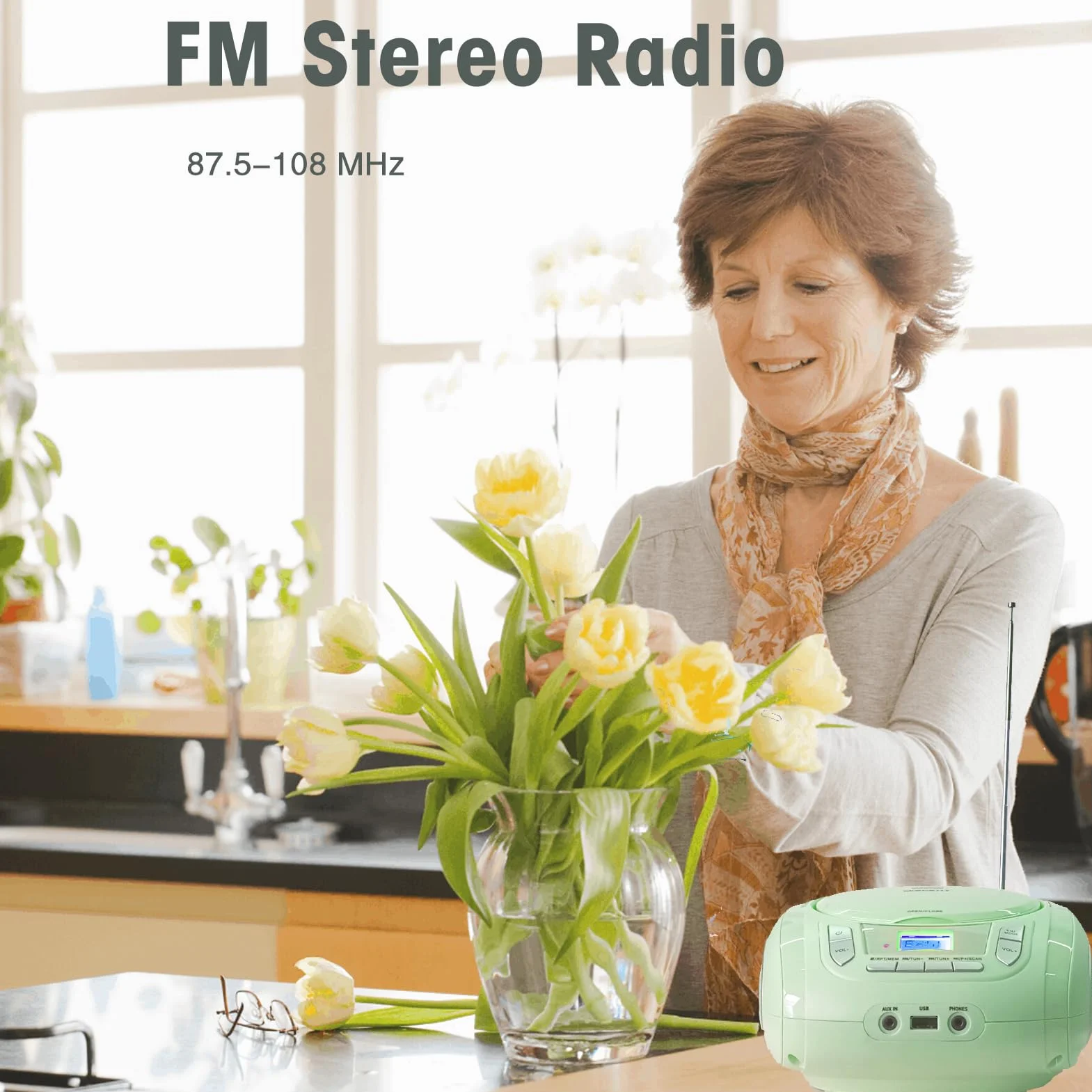 Lettore CD radio compatto con Bluetooth, radio FM, USB, AUX, jack per cuffie, CD-MP3, portatile Boombox (verde)