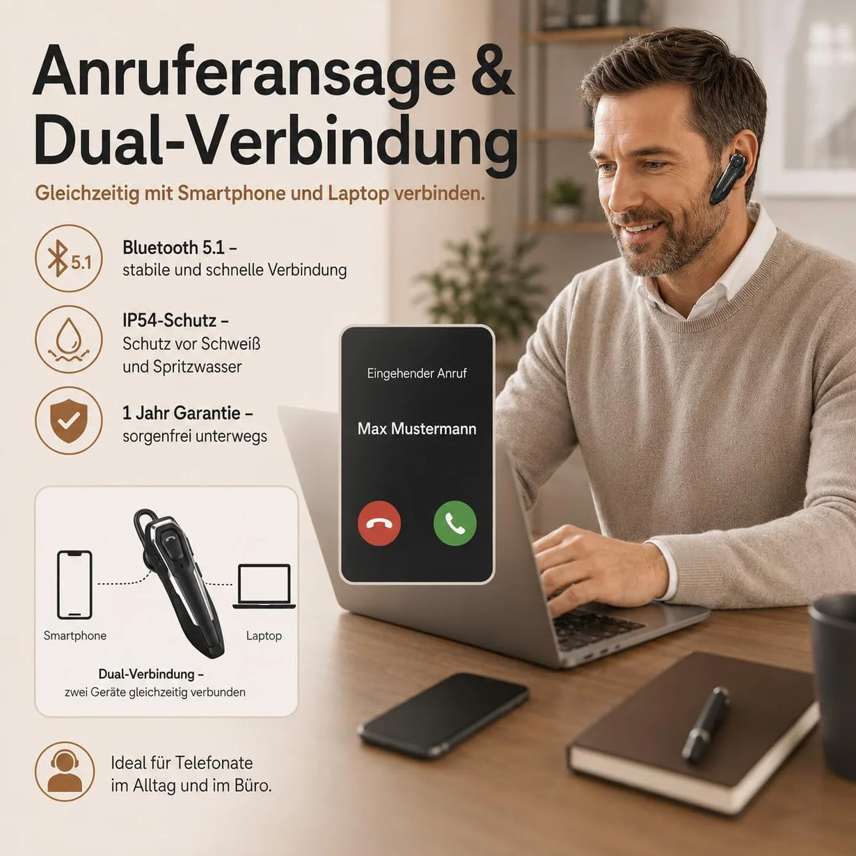 Micool Auricolare Singolo Bluetooth 5.0, con cancellazione del rumore, Auricolari Bluetooth mono vivavoce 30 ore di conversazione, Cuffie wireless Bluetooth per camionisti/magazzini