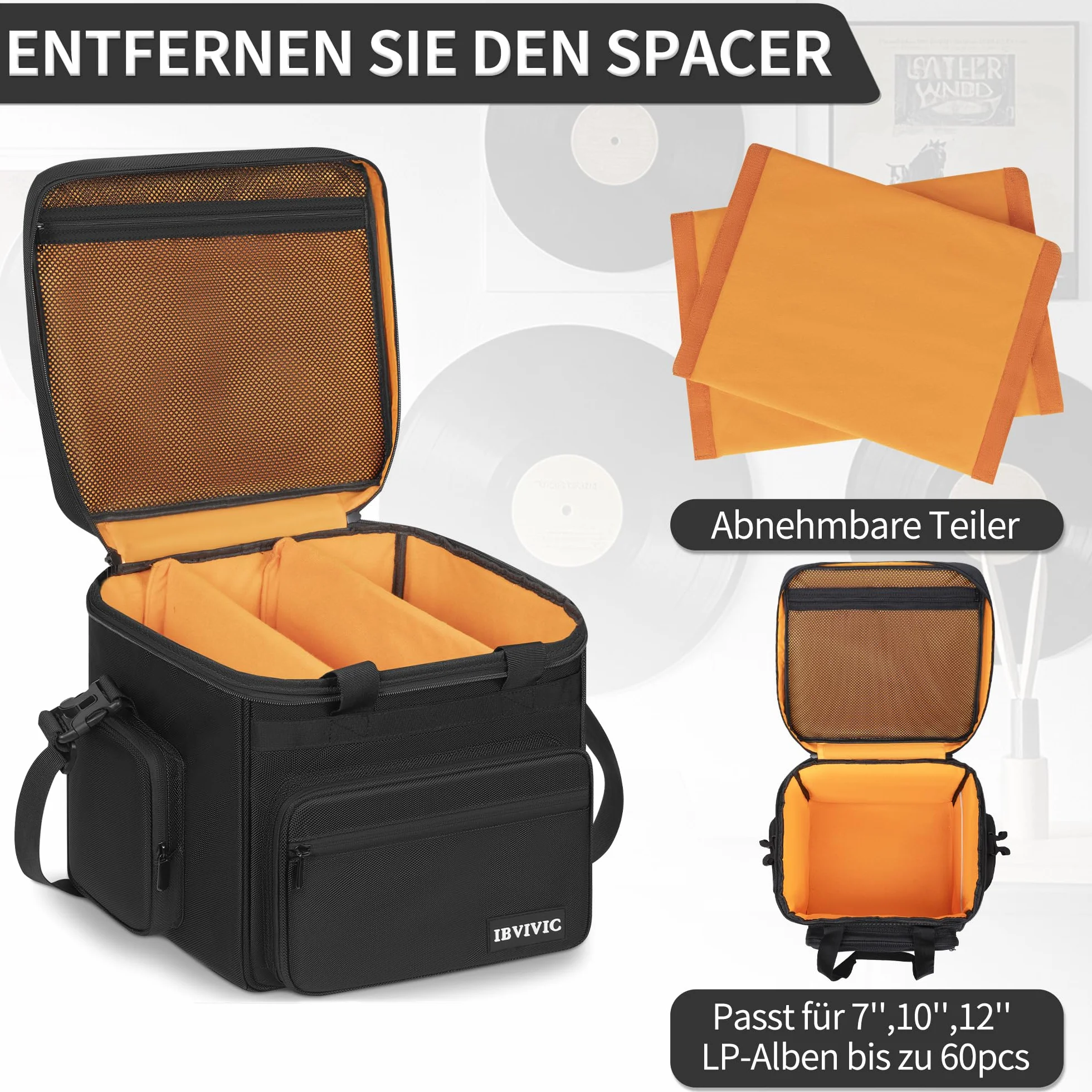 OUUTMEE Borsa per dischi in vinile - Custodia per dischi in vinile resistente all'acqua per album LP da 7/10/12 pollici, con capacità di 90-110 LP - Custodia LP con divisori rimovibili per