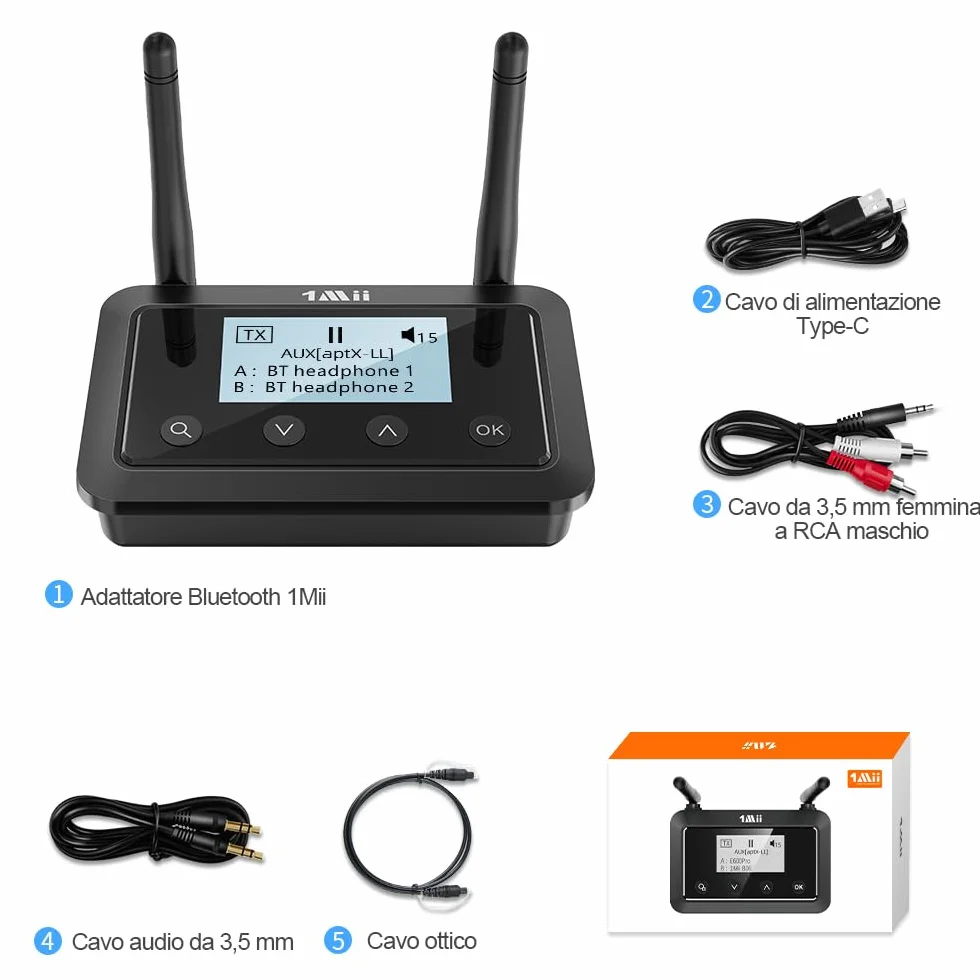 1Mii B03+ Trasmettitore Ricevitore Bluetooth per TV Stereo, Adattatore Bluetooth 5.3 Lungo Raggio per Audio TV con Schermo, aptX Low Latency & HD & Adaptive, Ottico RCA AUX 3,5mm Ingressi/Uscite