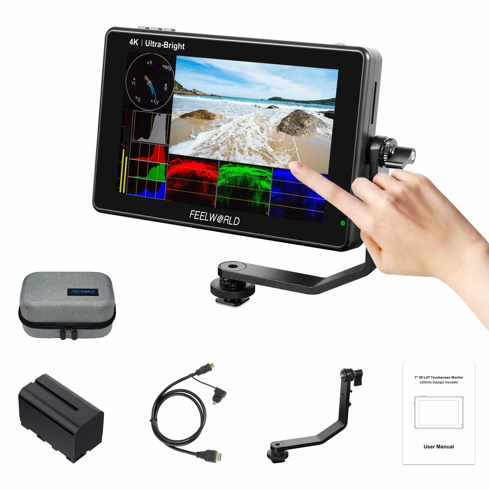FEELWORLD LUT7 7 Pollici Monitor per Fotocamera 2200nit Touch Screen DSLR Monitor da Campo 4k 3D Lut HDMI Waveform/Sensore di luce automatico con batteria F750 e borsa