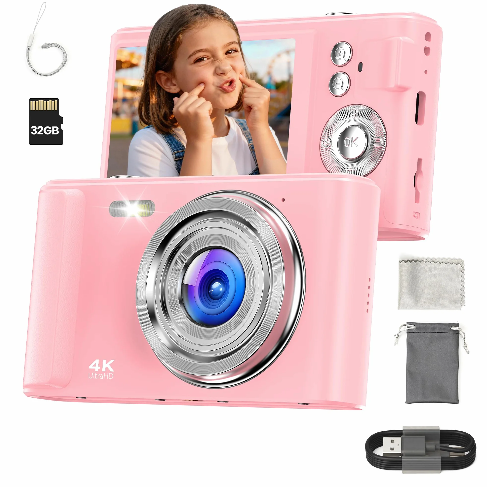 Macchina Fotografica Digitale 4K 48MP: Compatta con 16X Zoom - Fotocamera Vlog 1080P con Scheda 32GB Bambini e Bambine & Studenti & Principianti - Rosa Camare