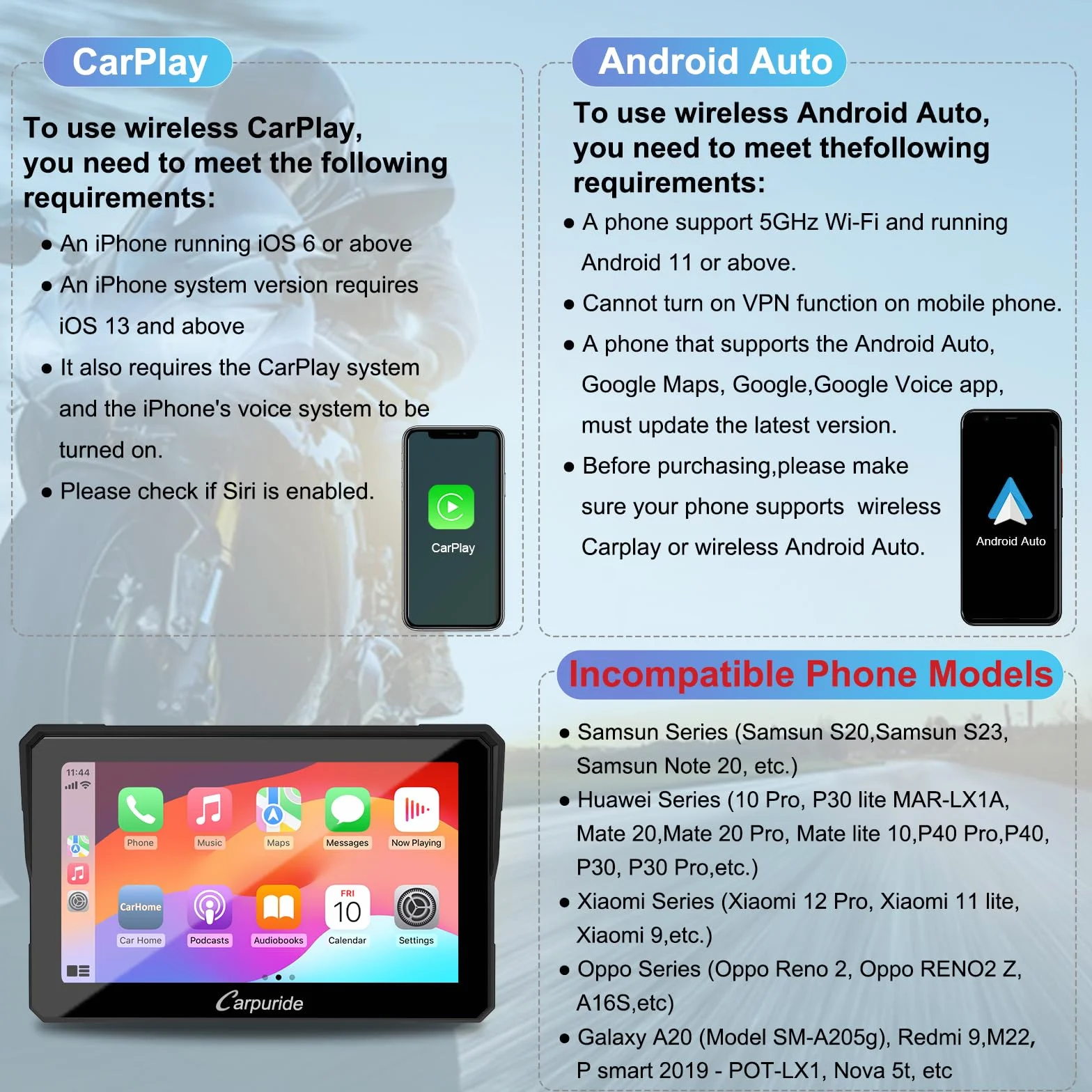 Carpuride W702B Schermo GPS Carplay per moto, con supporto personalizzato per BMW Moto, Wireless CarPlay e Android Auto, Touchscreen impermeabile portatile da 7 pollici, Bluetooth Trans, Navigazione,