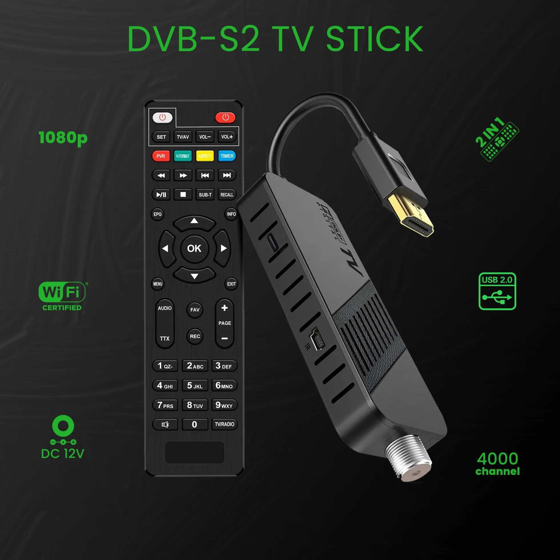 LEYF Ricevitore satellitare DVB-S2 Full HD 1080P HDMI TV Stick nascosto dietro TV display digitale H265 HEVC Main 10 bit telecomando universale 2 in 1 USB
