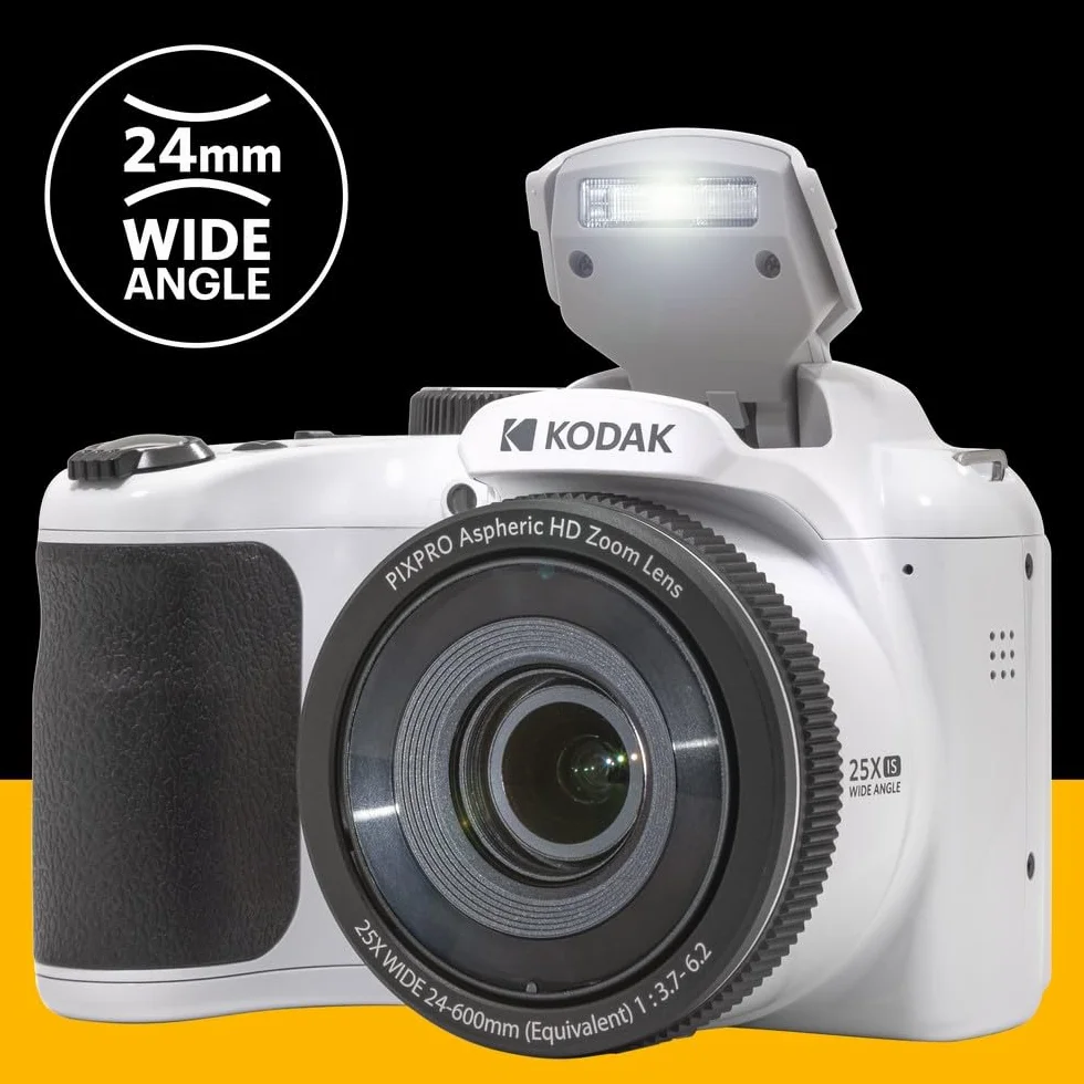 KODAK Pixpro Astro Zoom AZ255 + Scheda di memoria SD da 32 GB - Fotocamera Bridge Digitale 16 MP, Zoom 25X, Video HD 1080p, grandangolare 24 mm, schermo LCD 3, batteria AA - Bianco