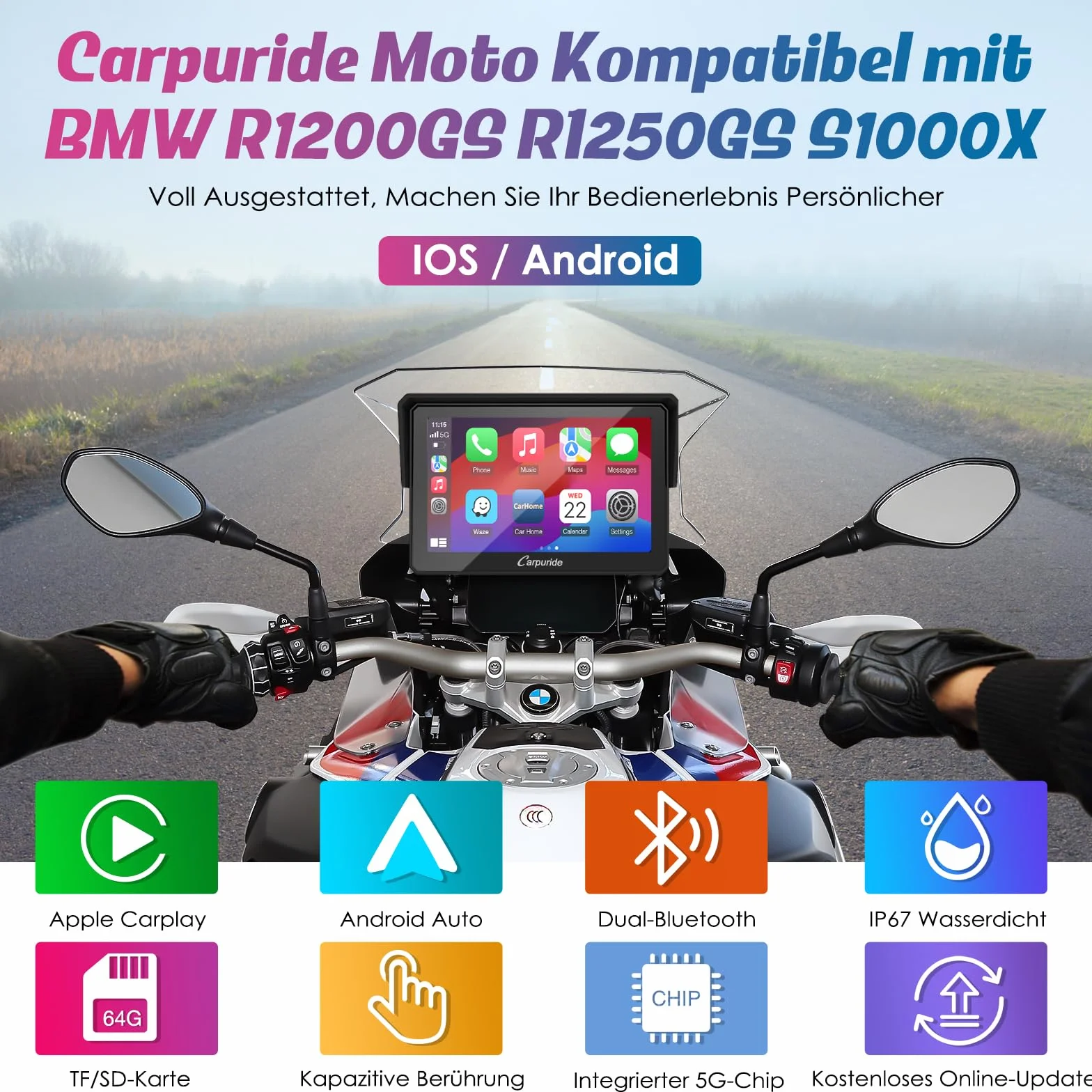 Carpuride W502B Schermo Carplay per BMW Moto R1200GS R1250GS S1000XR, Touchscreen Impermeabile da 5 pollici, Navigazione GPS Portatile Carplay/Android Auto per Moto, Doppio Bluetooth