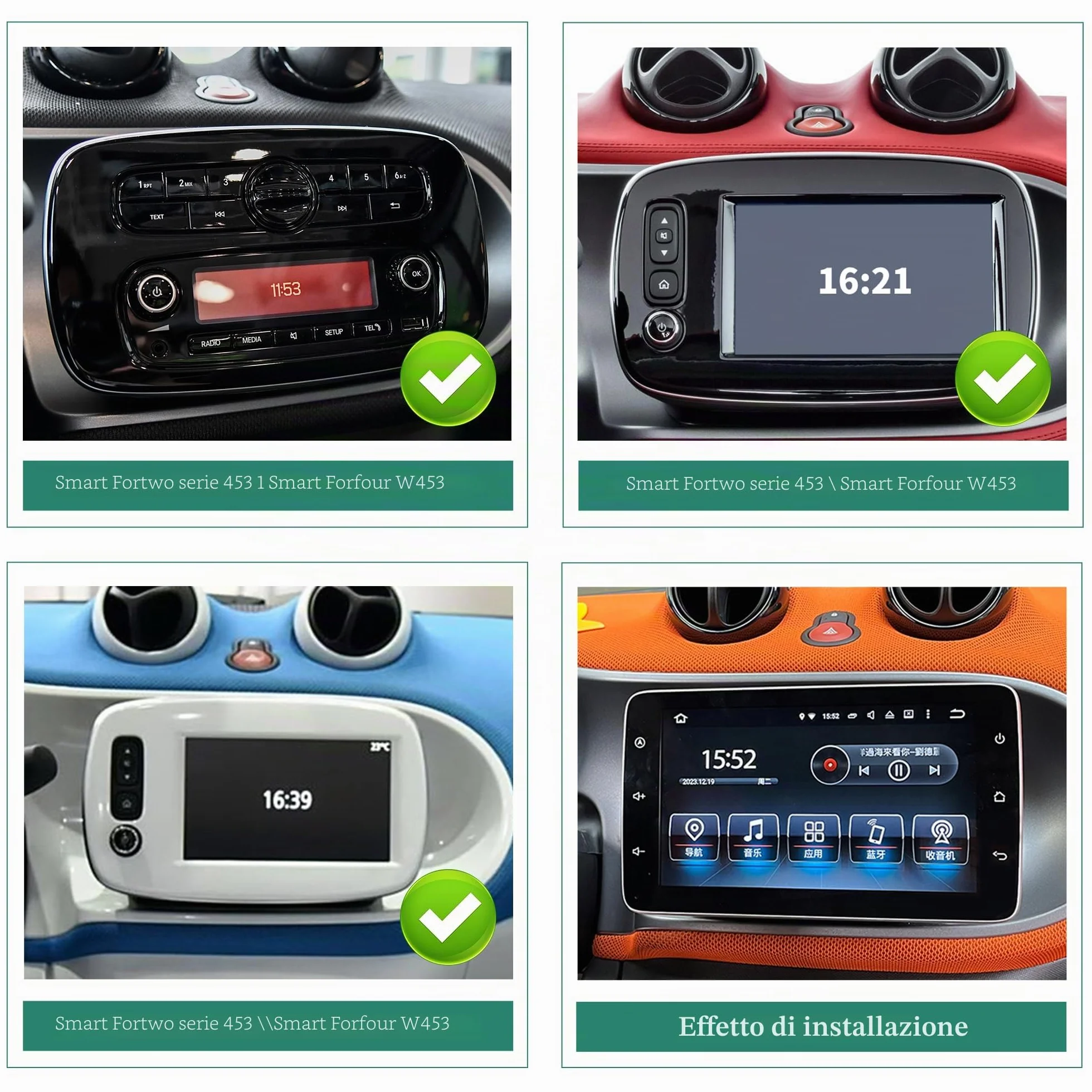Per Smart Fortwo Forfour 453 (2015-2019) CarPlay Radio Dash Kit 9 pollici Touch Screen Aggiornamento Android Auto Full Screen Netflix Spotify Android 13 Navigazione GPS Supporta telecamere di backup