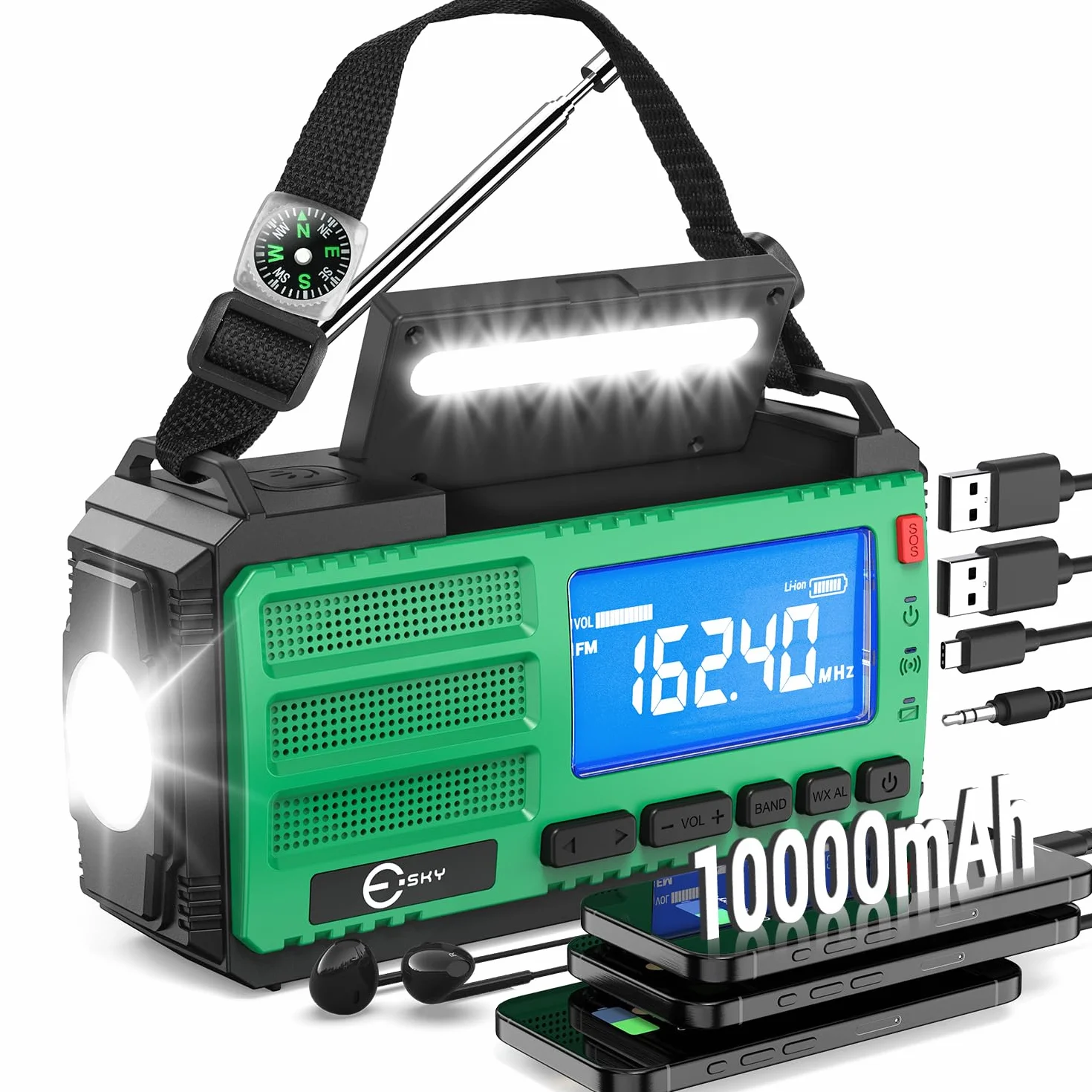 Esky 10000 mAh Radio Manovella AM/FM/NOAA Solare Portatile con Torcia, Bussola, Allarme SOS per Campeggio Emergenza