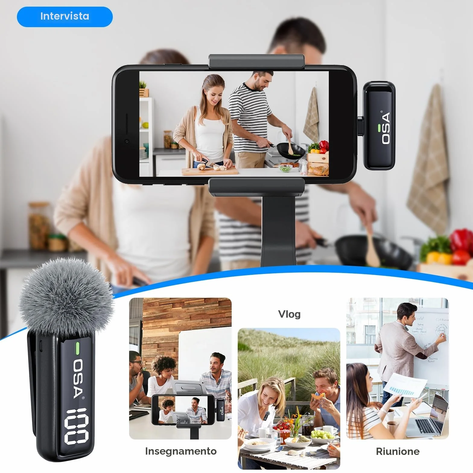 OSA Microfono Lavalier Wireless per iPhone Lightning (Fino a iPhone 14), Mini Microfono Bluetooth con Riduzione Rumore, Display Digitale, per TikTok Vlog YouTube