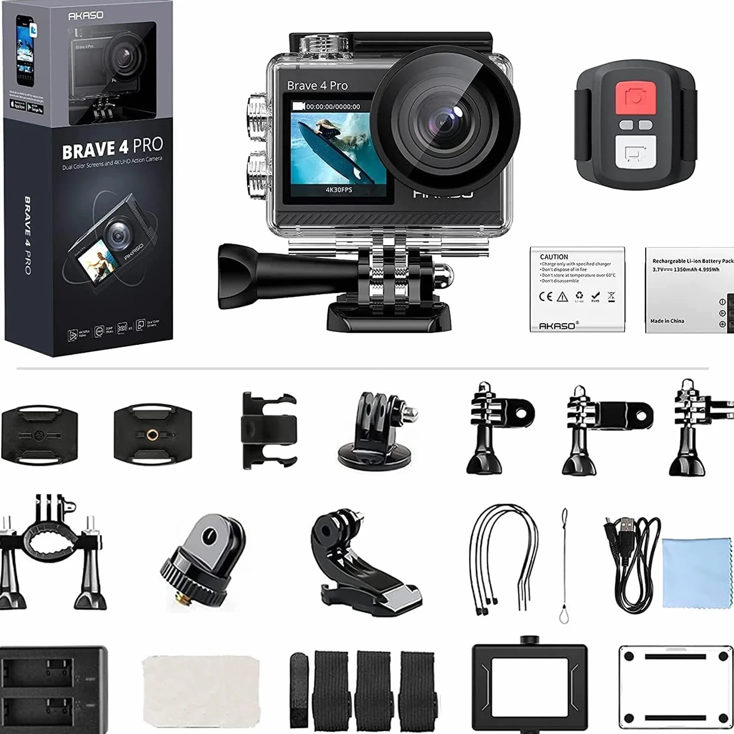 AKASO Brave 4 Pro Action Cam 4K 40M Fotocamera Subacquea, Videocamera 20MP WiFi 170° Grandangolare Doppio Schermo EIS Stabilizzazione, Touch Screen, 5x Zoom, 2x1350mAh Batterie, Kits di Accessori