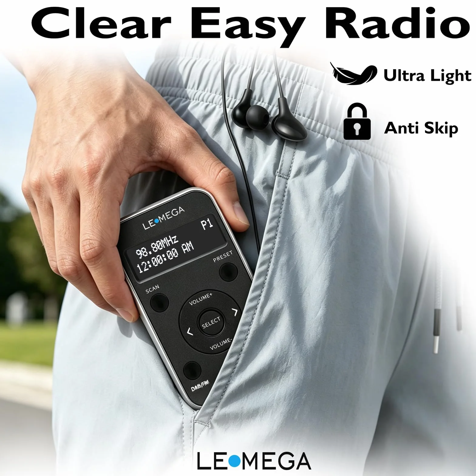 LEMEGA PR1L Radio DAB Tascabile Portatile con Cuffie Incluse, Batteria Ricaricabile, 40 Preselezioni, Nero/Argento