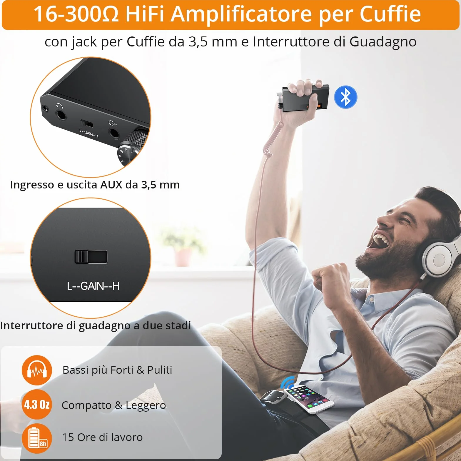 Neoteck 3.5 mm Amplificatore Portatile Cuffie con Ricevitore Bluetooth 5.0 Amplificatore Cuffie 16-300Ω Amplifier Audio Ideale per MP3 MP4 Smartphone Digitale Players Computer