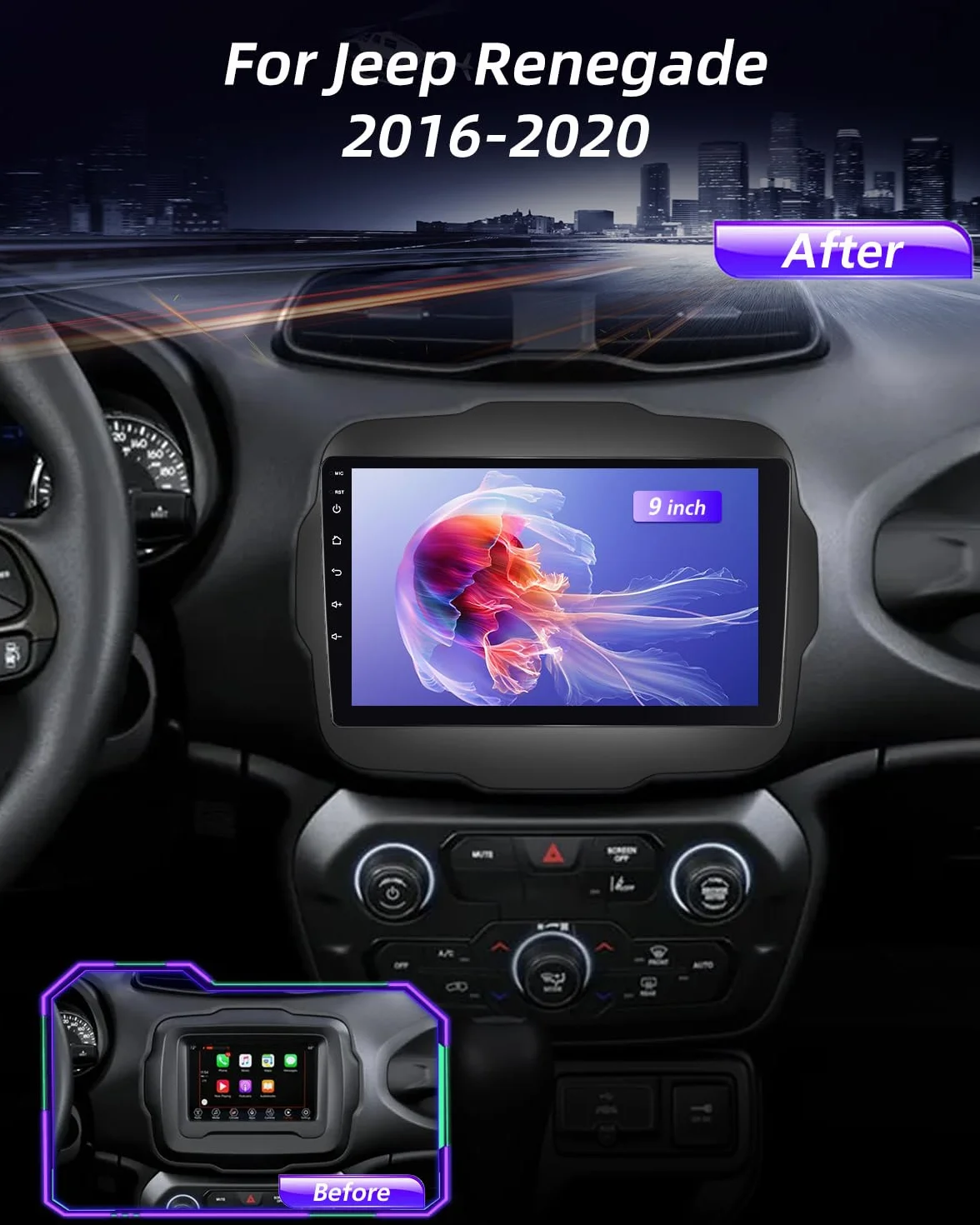 NHOPEEW Qualcomm 8 core 4+64G DAB/DAB+ Autoradio per Jeep Renegade 2016-2020 – Radio da 9 pollici con supporto Carplay e Android Auto, WLAN e GPS, ventola DSP + telecamera posteriore