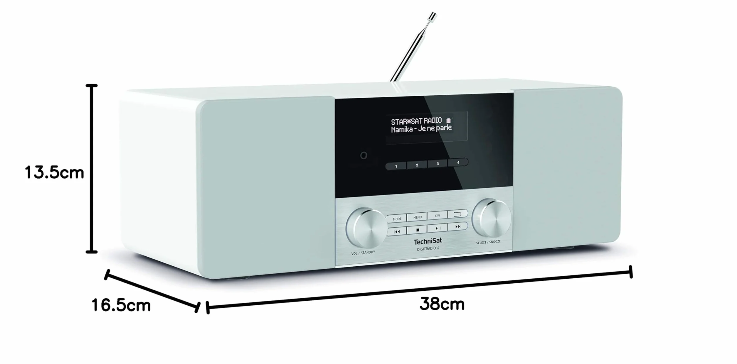 TechniSat DIGITRADIO 4 - Radio DAB stereo (DAB+, FM, streaming audio Bluetooth (ricezione), presa per cuffie, ingresso AUX, radiosveglia, display OLED, 20 watt RMS, altoparlante Elac) bianco
