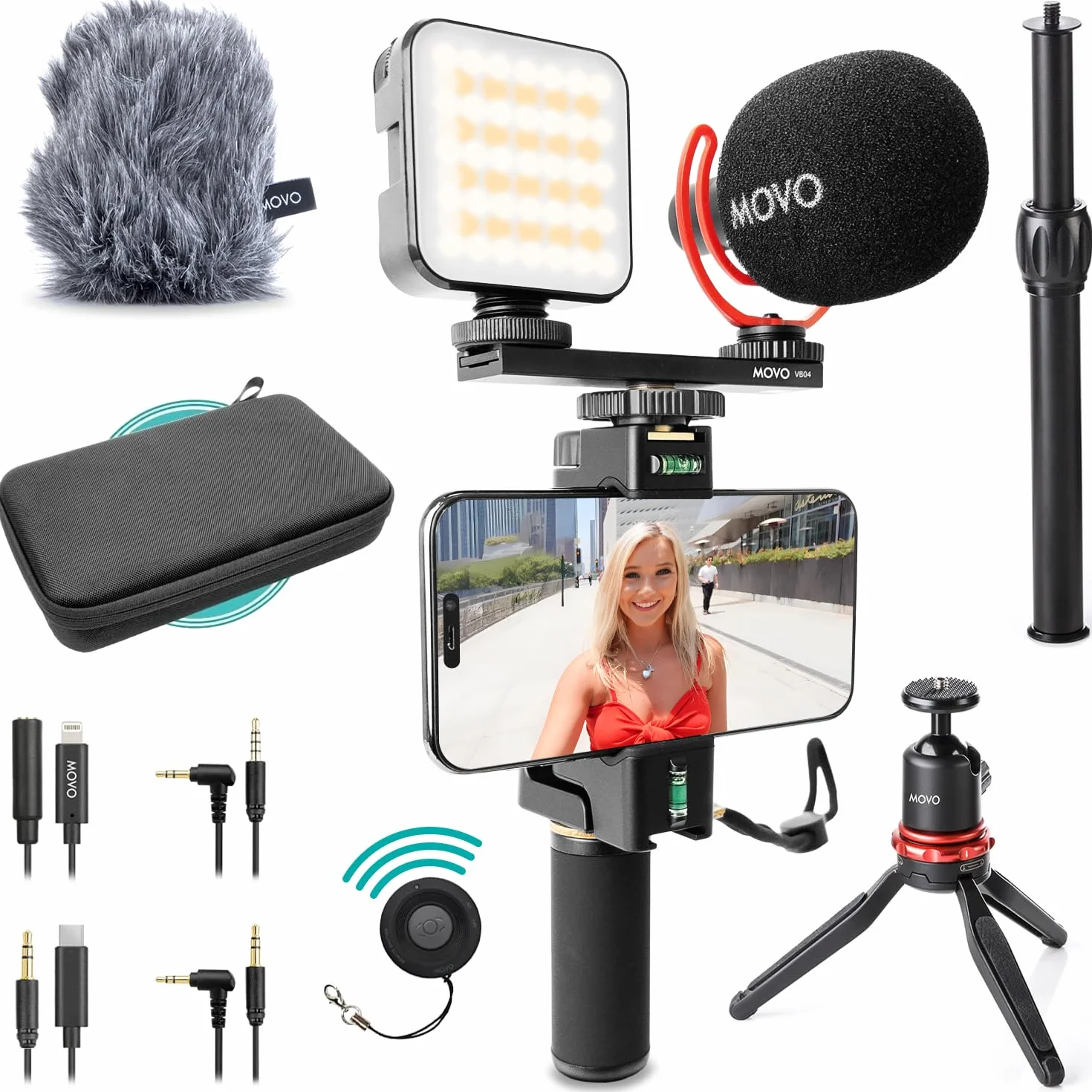 Movo iVlogger-PRO Kit di Vlogging per iPhone/Android - Kit di Avviamento YouTube per Creatori di Contenuti - Accessori: Treppiede per Telefono, Supporto per Telefono, Luce RGB e Microfono VXR10