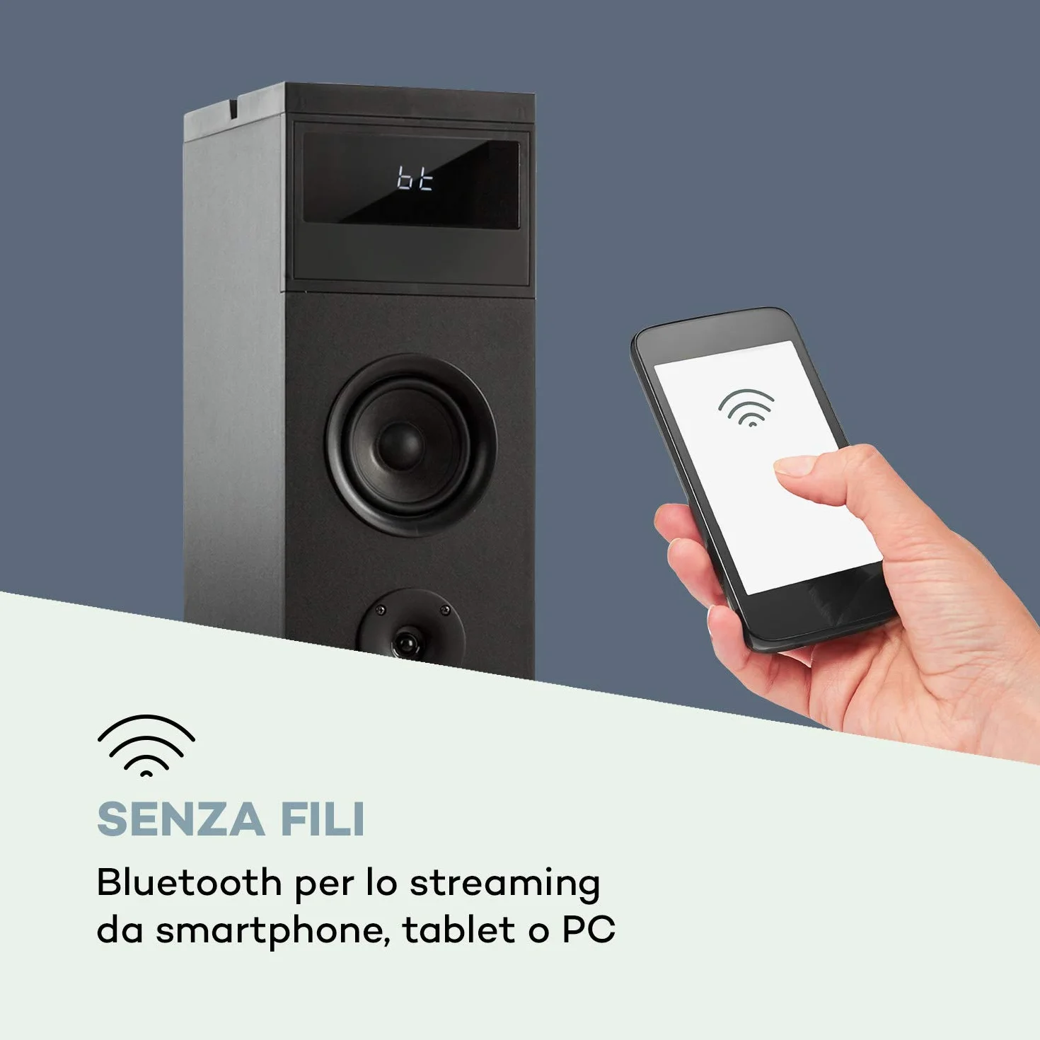 auna Karaboom 100 - Sistema di Altoparlanti 2.1, a Torre, Diffusore da Pavimento, 120 Watt max, BT, Porta USB 2 in 1, MP3, AUX-In, Supporto Tablet, Nero