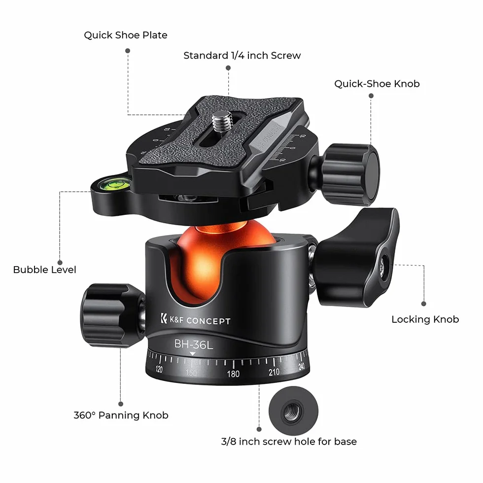 K&F Concept Testa a sfera per treppiede in metallo da 36 mm Rotazione a 360 gradi Panoramica con piastra a sgancio rapido da 1/4 di pollice Livella a bolla Capacità di carico fino a 35,2 libbre/16 kg
