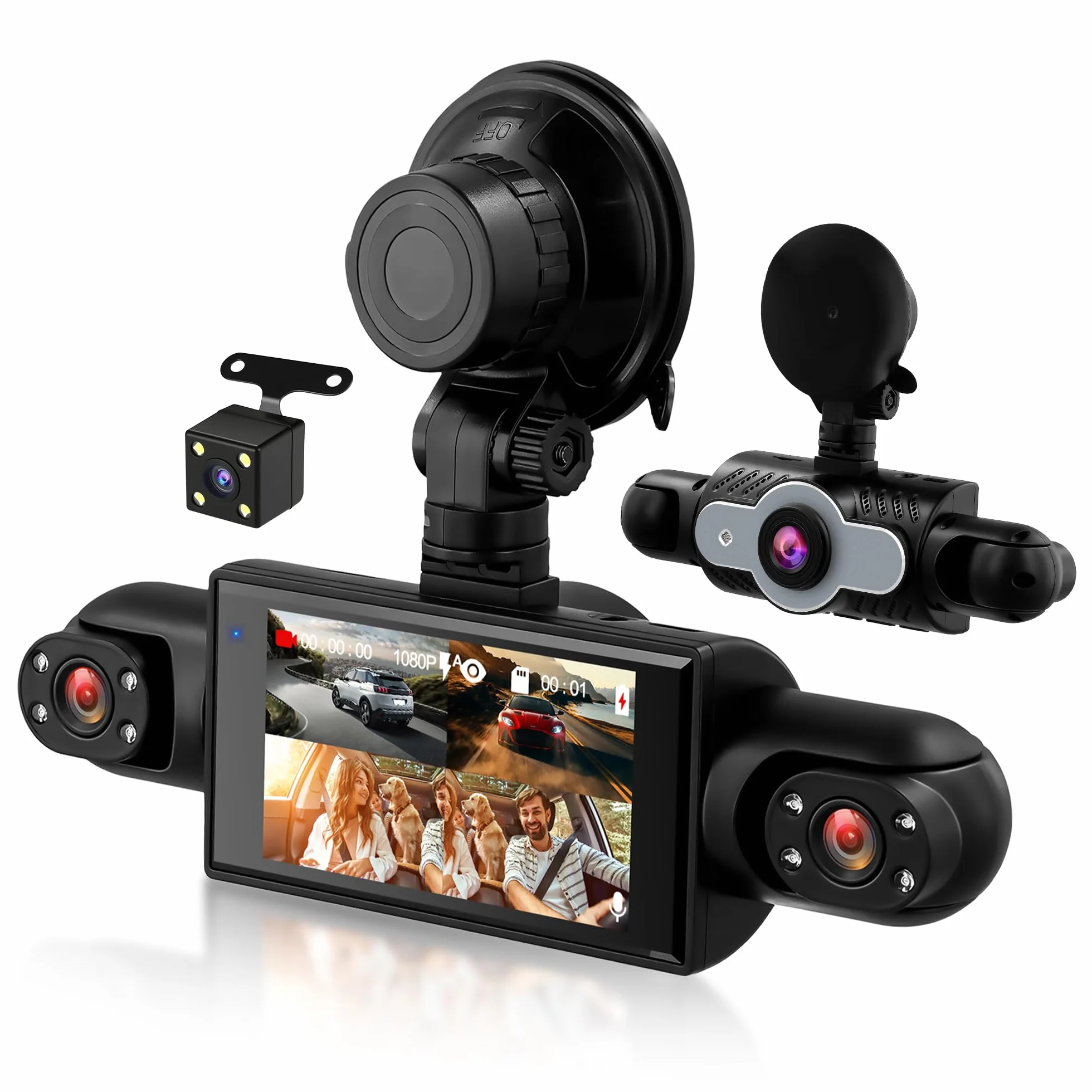 Rimoody 4 Canali Dashcam Auto 360°, 4 Telecamera HD 1080P Anteriore e Posteriore Sinistra Destra, 3 Pollici IPS Schermo Dash Cam con Visione Notturna 8 IR/Loop Video/24H Parcheggio Monitor