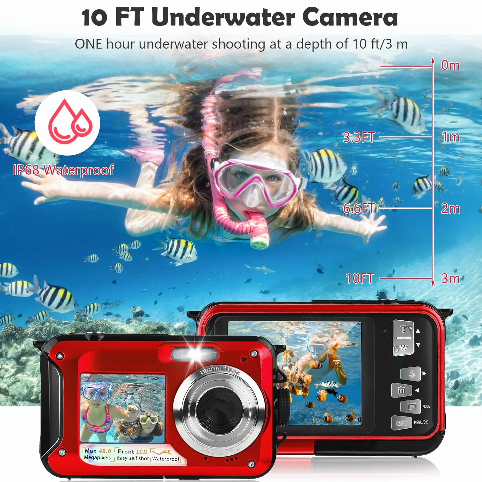 Macchina Fotografica Subcquea, Comius Sharp Fotocamera Subacquea Digitale 10FT 30MP Photo FHD Video 16X Digital Zoom con Scheda di Memoria da 32G per Selfie Subacquei, Immersione, Nuoto