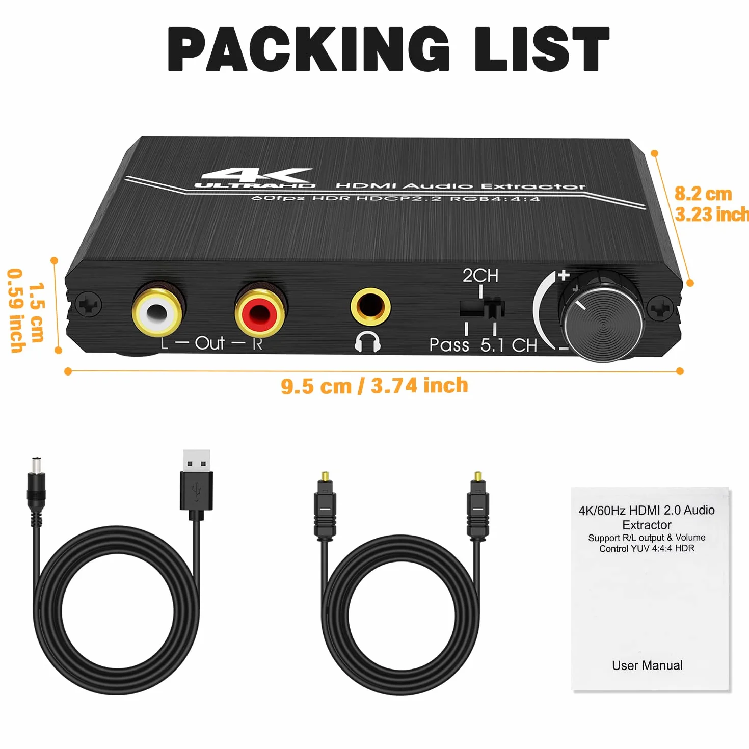 Tendak Splitter HDMI 2.0 4K Audio Extractor Spdif Toslink 3,5 mm AUX RCA L/R Converter Volume Control HDCP 2.2 HDR 3D