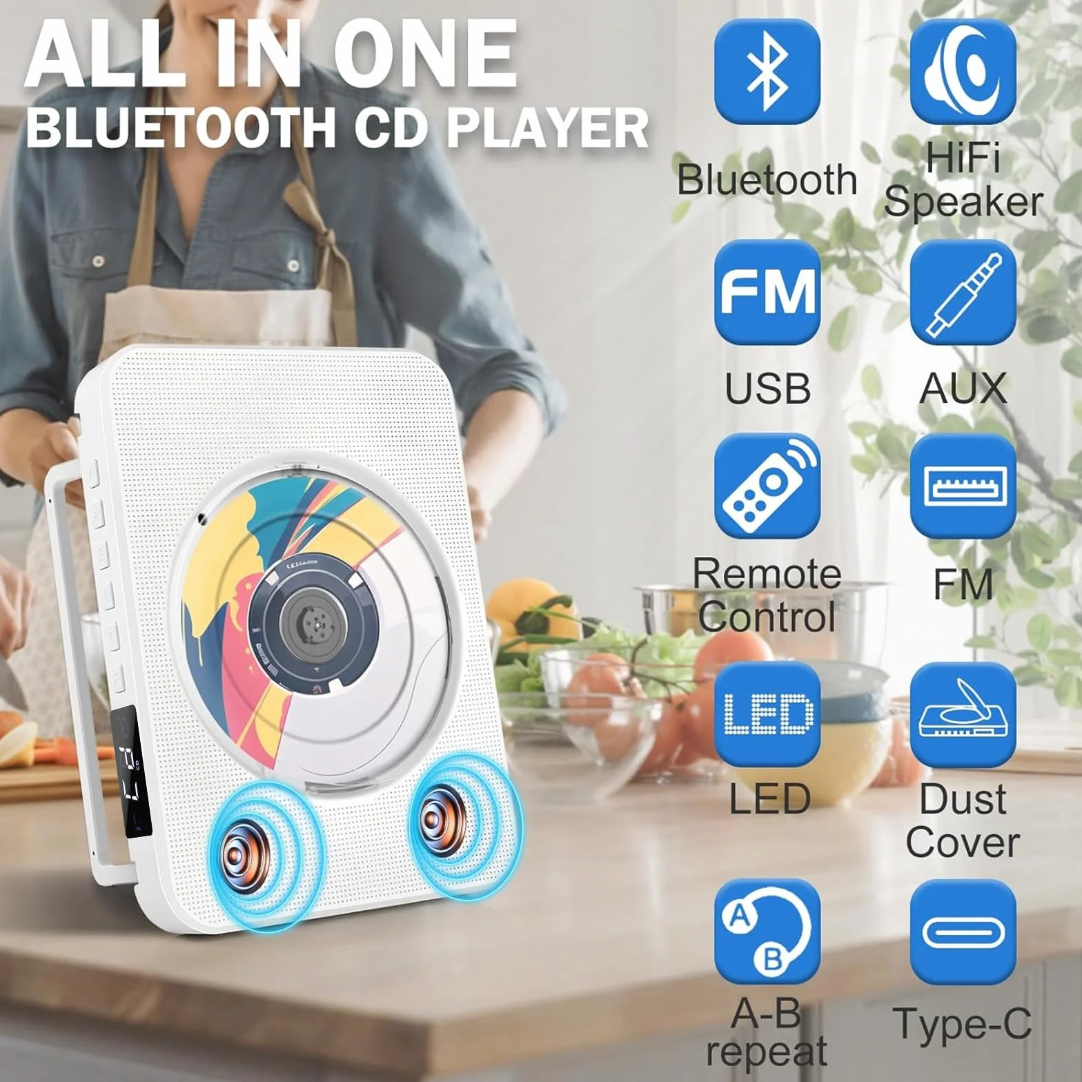 Lettore CD Portatile Bluetooth, lettore CD HIFI Stereo con supporto da tavolo, lettore musicali con telecomando con doppi altoparlanti HIFI integrati, porta USB, presa per cuffie AUX da 3,5 mm