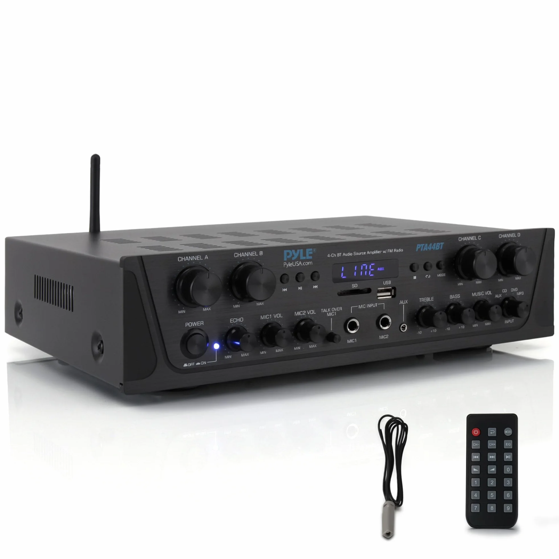 Pyle Amplificatore Karaoke Bluetooth Wireless 500 Watt, Audio Stereo 4 Canali con AUX, Radio FM, USB, Microfono In