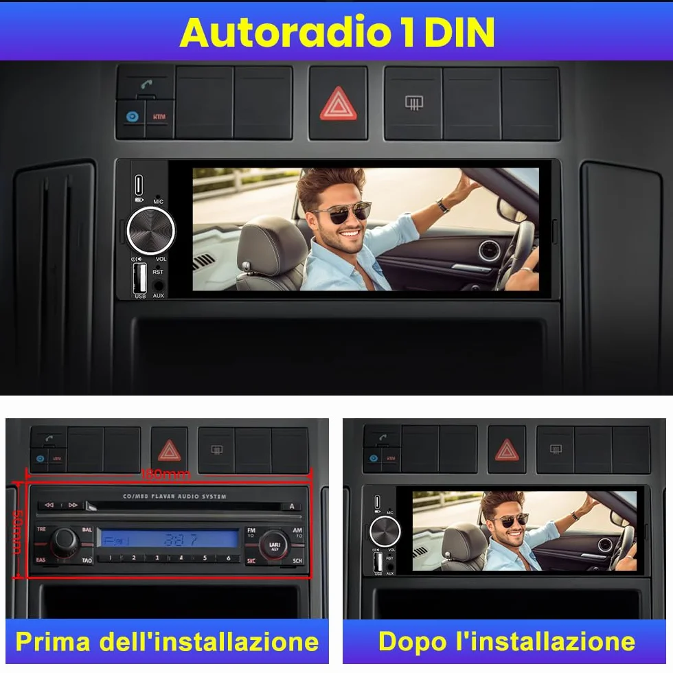 Autoradio 1 DIN con Schermo 6,28 pollici Car Radio Wireless CarPlay Android Auto Bluetooth FM AM RDS GPS AUX Tipo-C